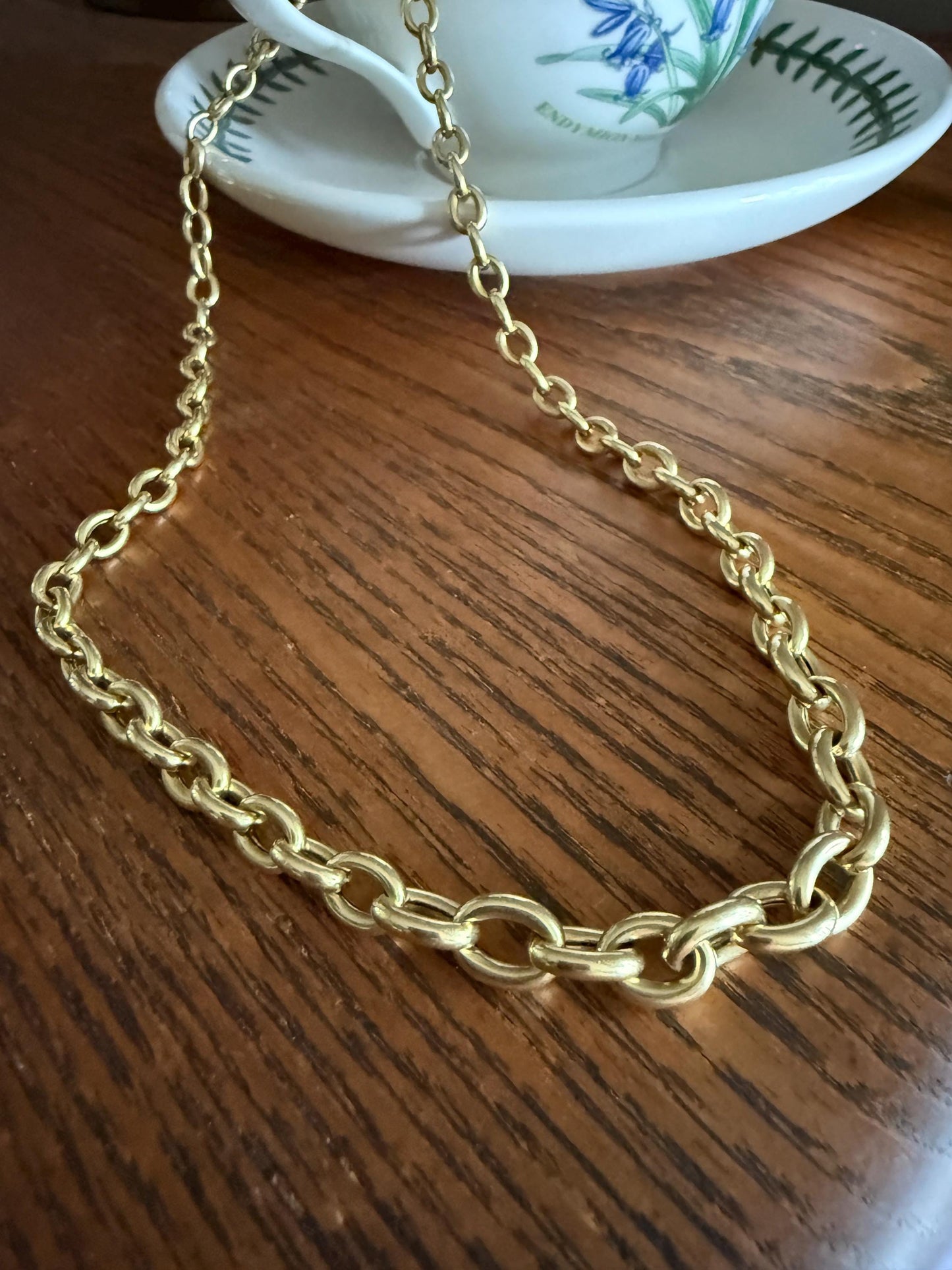 Heavy Staple CABLE CHAIN French Antique 20g 18k GOLD Solid 7.5mm Chunky Graduated Oval Link Necklace Wide 17" Neckmess Neckstack Victorian