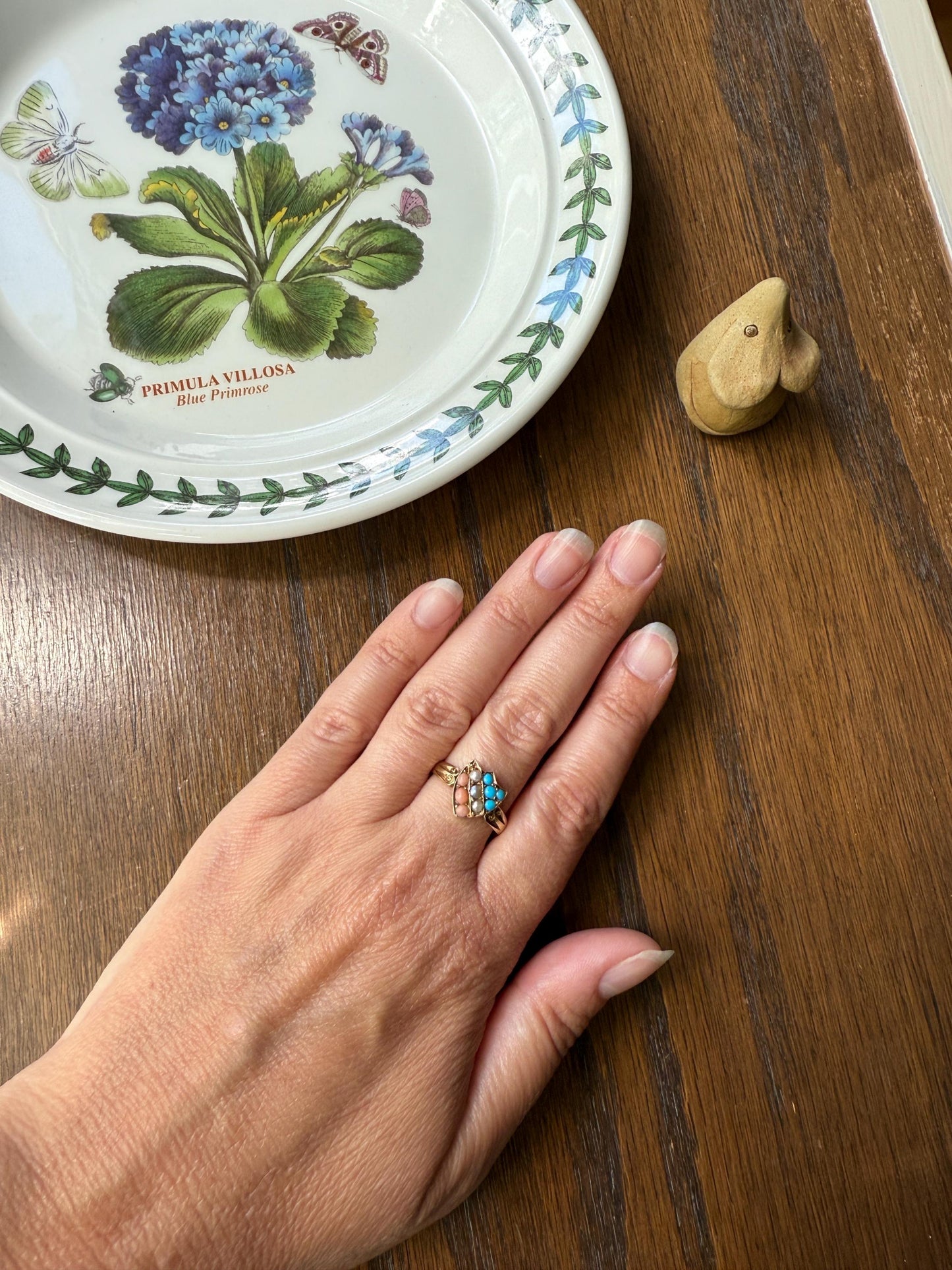 Antique SHIELD Turquoise Pearl Coral Striped 14k Gold Figural Ring Victorian Colorful Geometric Stacker Gift Ringstack Blue Salmon White