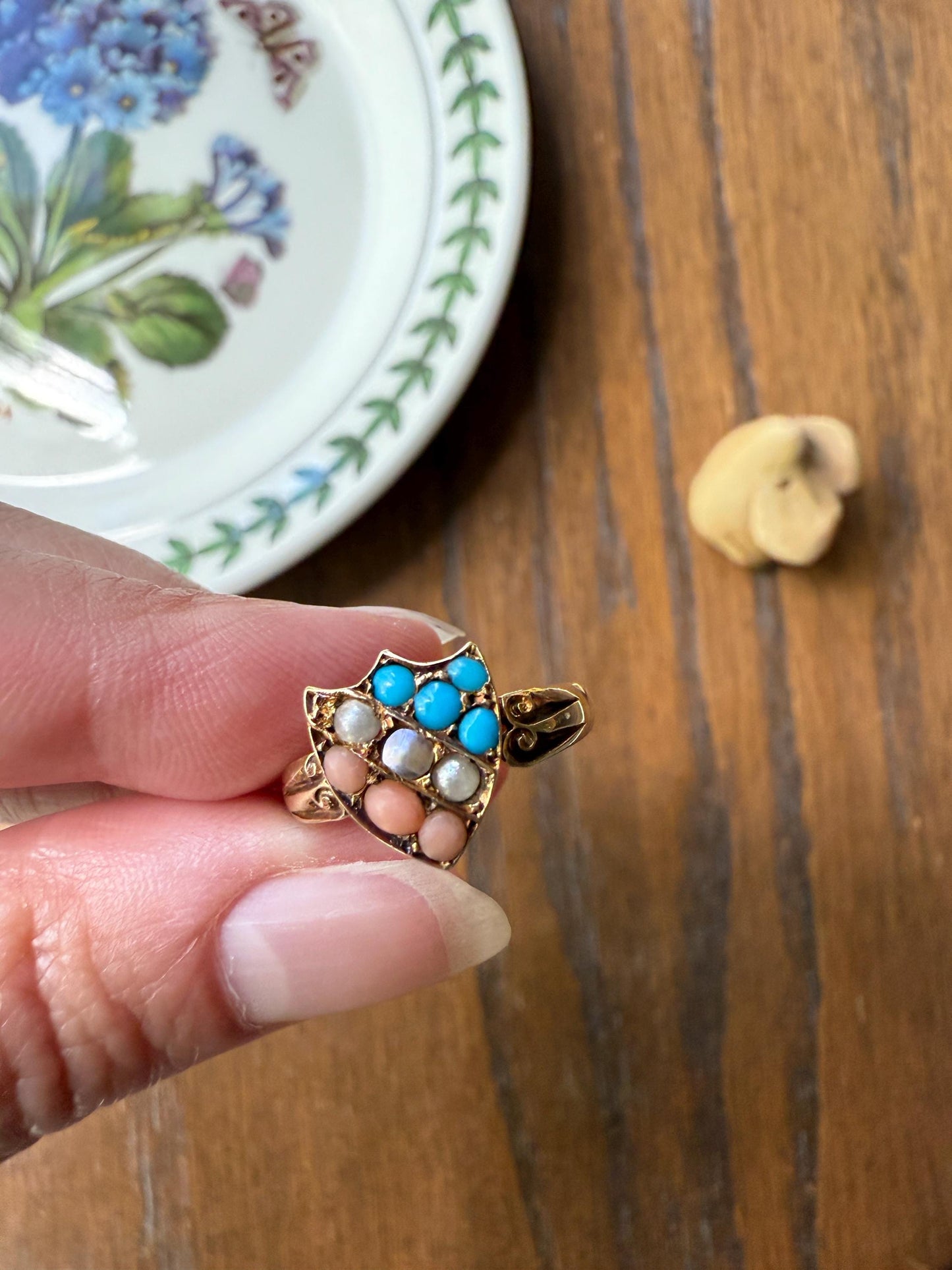 Antique SHIELD Turquoise Pearl Coral Striped 14k Gold Figural Ring Victorian Colorful Geometric Stacker Gift Ringstack Blue Salmon White