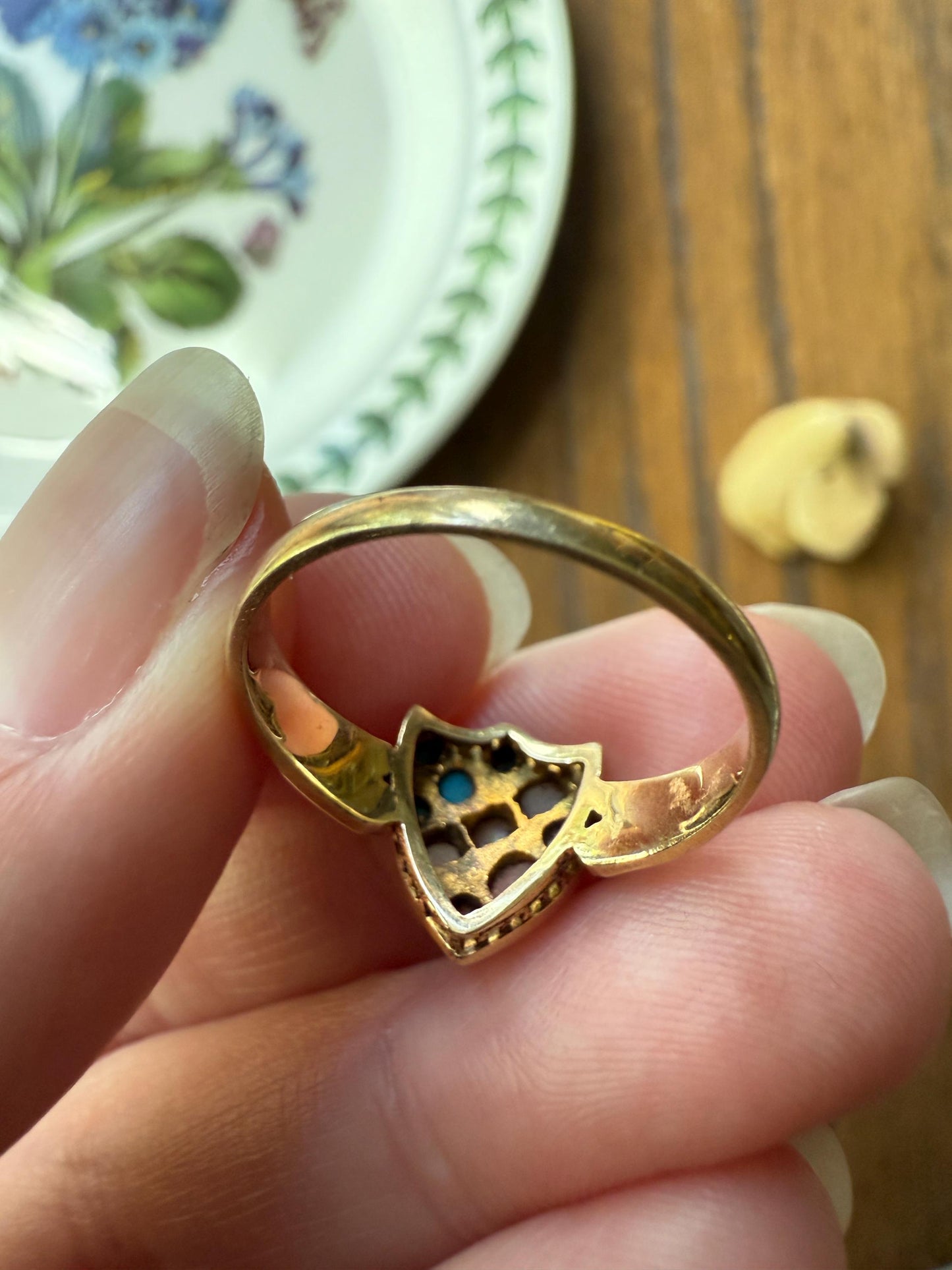 Antique SHIELD Turquoise Pearl Coral Striped 14k Gold Figural Ring Victorian Colorful Geometric Stacker Gift Ringstack Blue Salmon White