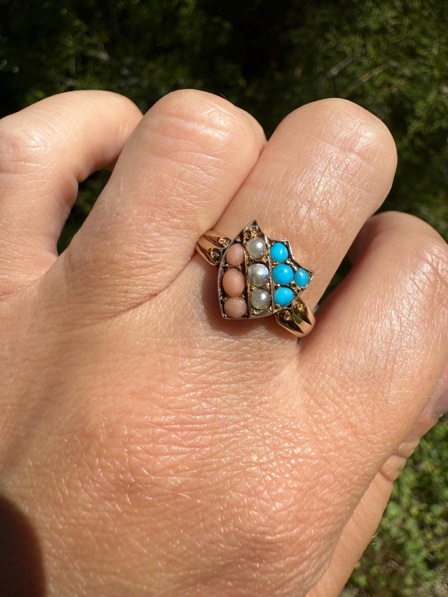 Antique SHIELD Turquoise Pearl Coral Striped 14k Gold Figural Ring Victorian Colorful Geometric Stacker Gift Ringstack Blue Salmon White