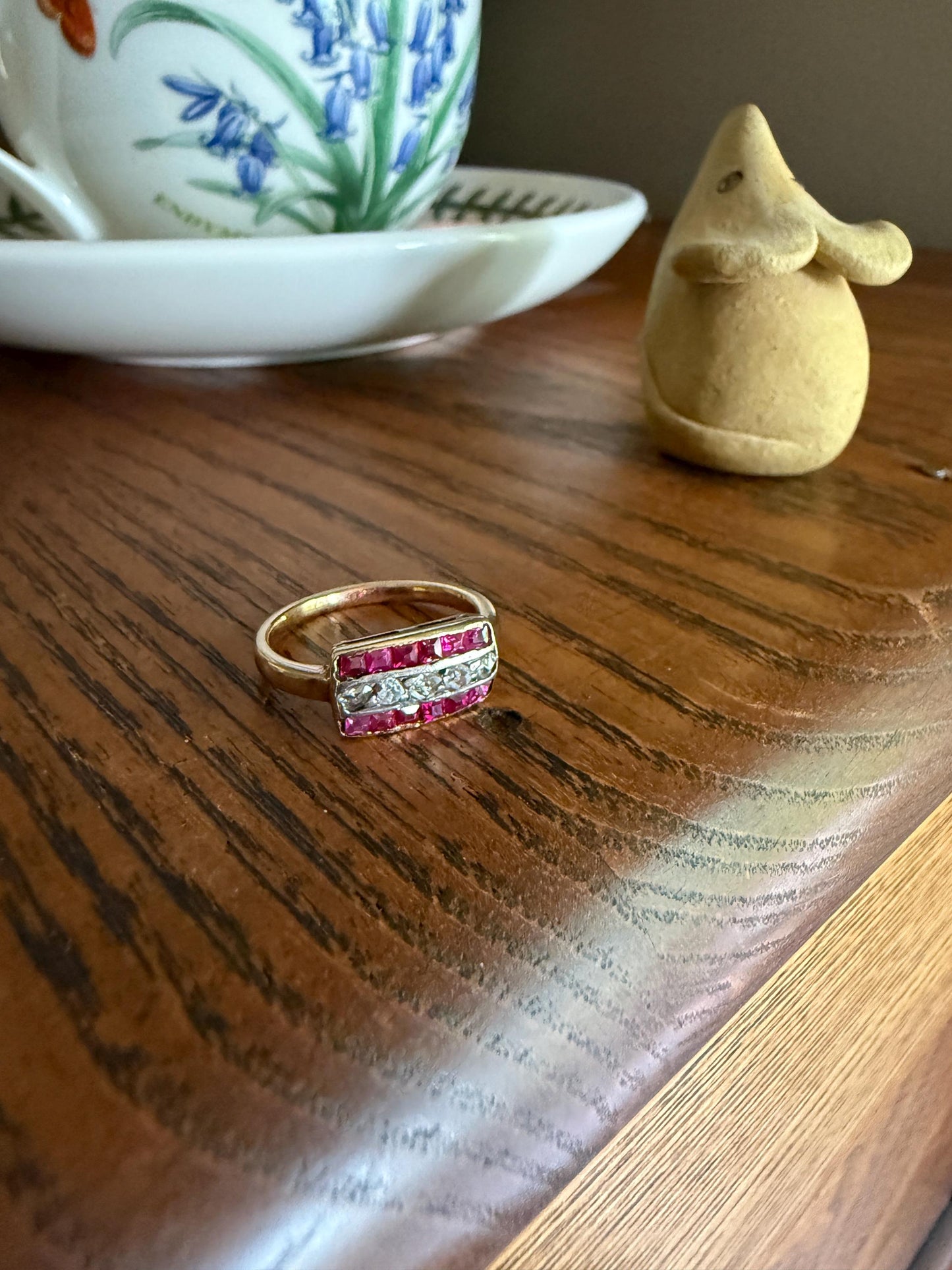 Antique RUBY Rose Cut DIAMOND 18k Gold Linear Grid Ring Rectangular Pink Geometric Carre Channel Set Striped Stacker Sparkle Romantic Gift