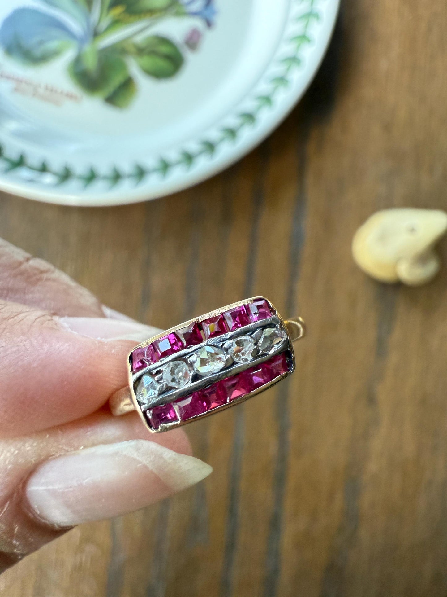 Antique RUBY Rose Cut DIAMOND 18k Gold Linear Grid Ring Rectangular Pink Geometric Carre Channel Set Striped Stacker Sparkle Romantic Gift