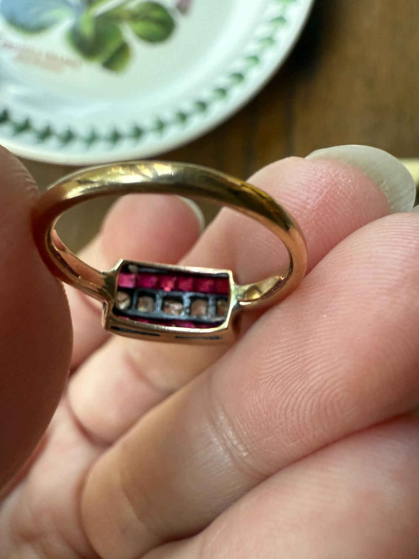 Antique RUBY Rose Cut DIAMOND 18k Gold Linear Grid Ring Rectangular Pink Geometric Carre Channel Set Striped Stacker Sparkle Romantic Gift