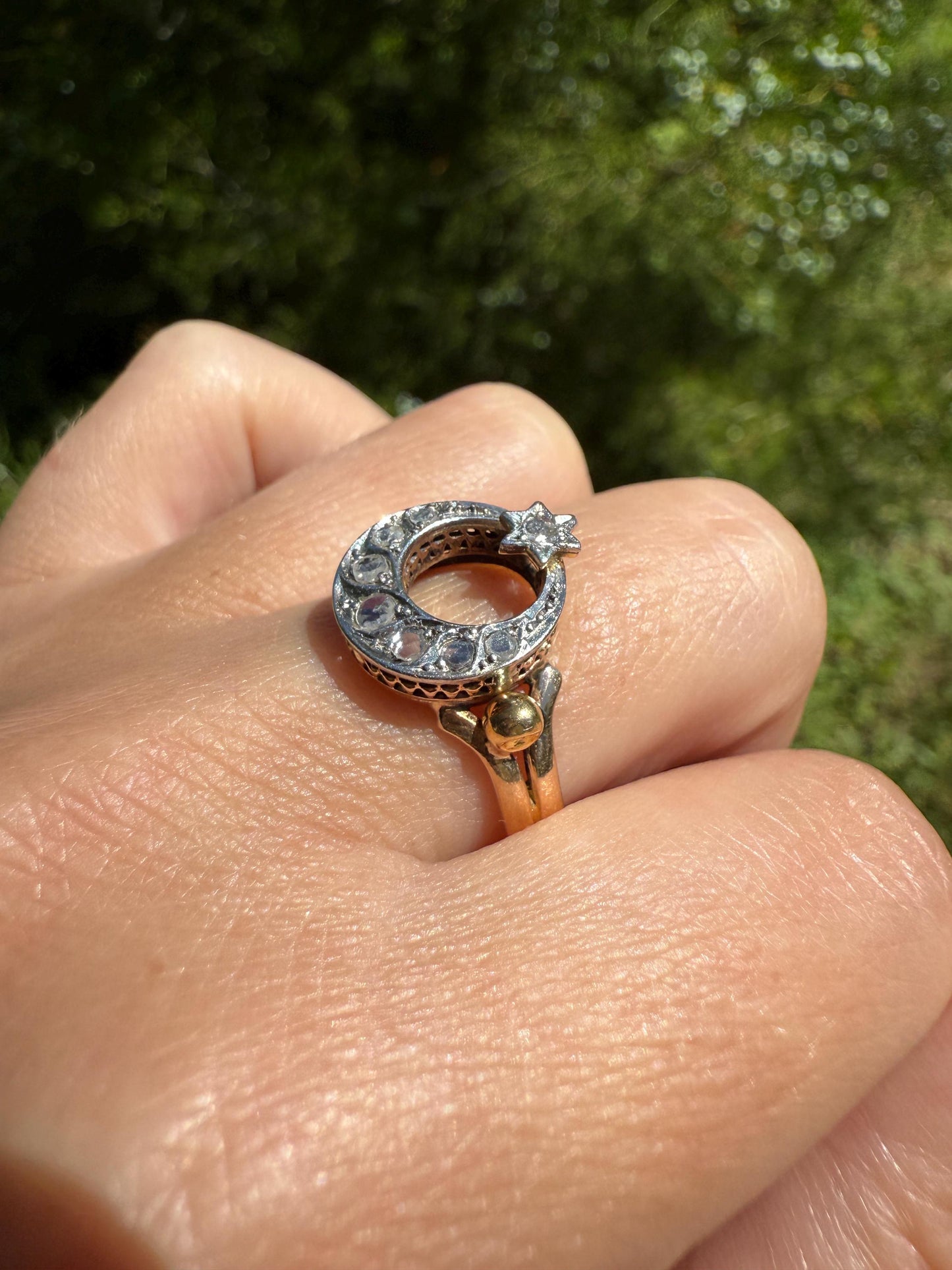 Antique Crescent MOON and STAR Rose Cut DIAMOND Ring Victorian 18k Gold Ball Rivet Bead Filigree Figural Stacker Unique Celestial Gift