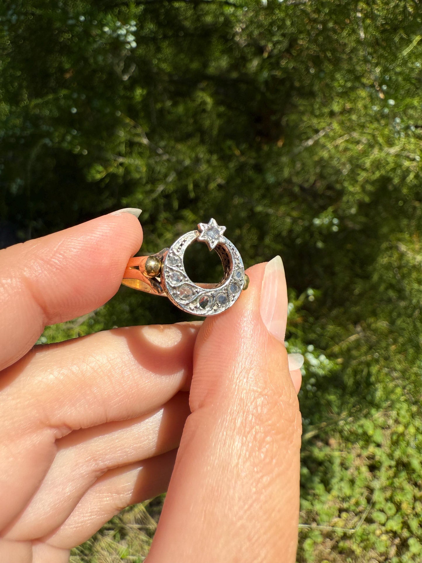 Antique Crescent MOON and STAR Rose Cut DIAMOND Ring Victorian 18k Gold Ball Rivet Bead Filigree Figural Stacker Unique Celestial Gift