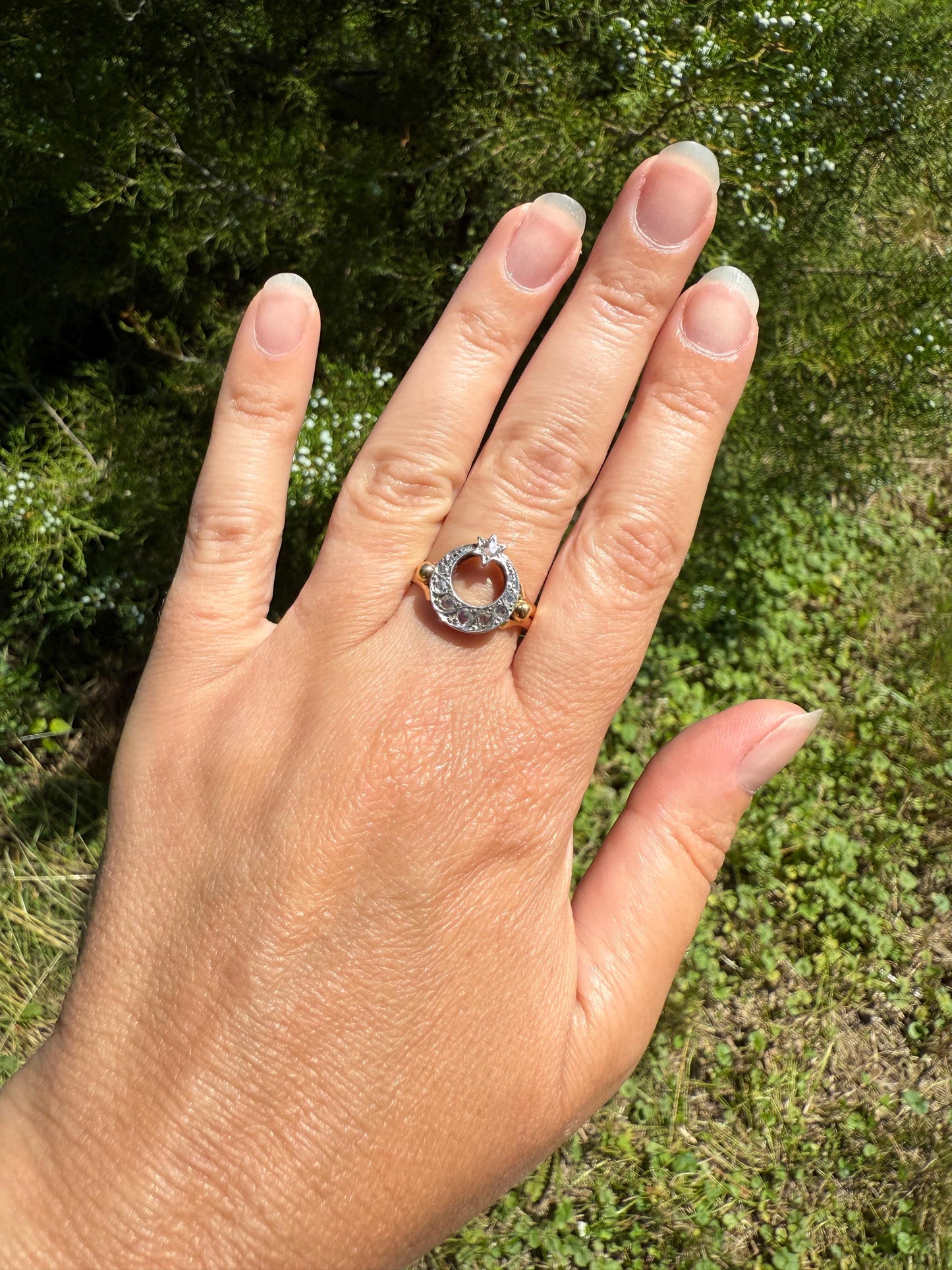 Antique Crescent MOON and STAR Rose Cut DIAMOND Ring Victorian 18k Gold Ball Rivet Bead Filigree Figural Stacker Unique Celestial Gift