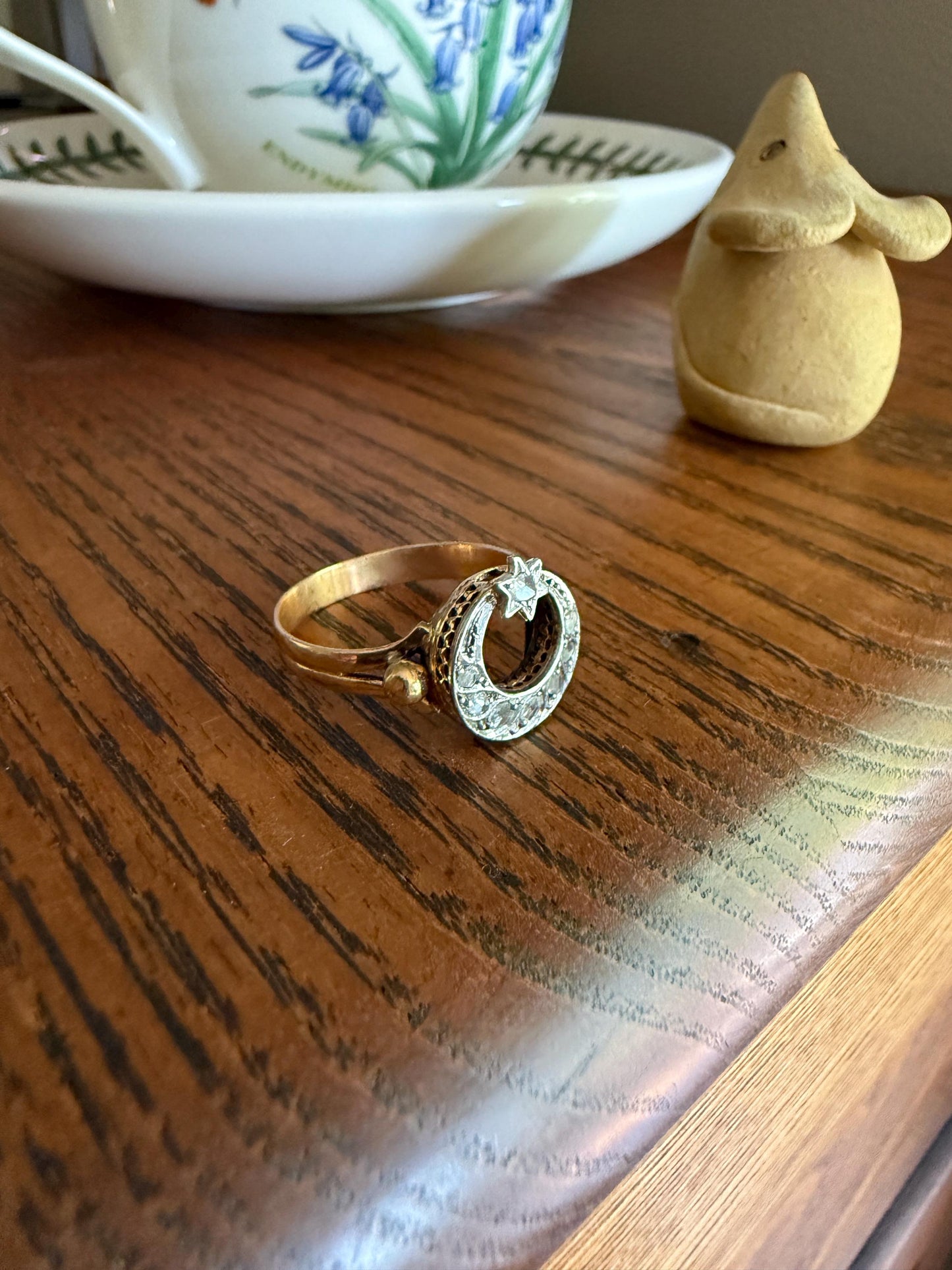 Antique Crescent MOON and STAR Rose Cut DIAMOND Ring Victorian 18k Gold Ball Rivet Bead Filigree Figural Stacker Unique Celestial Gift