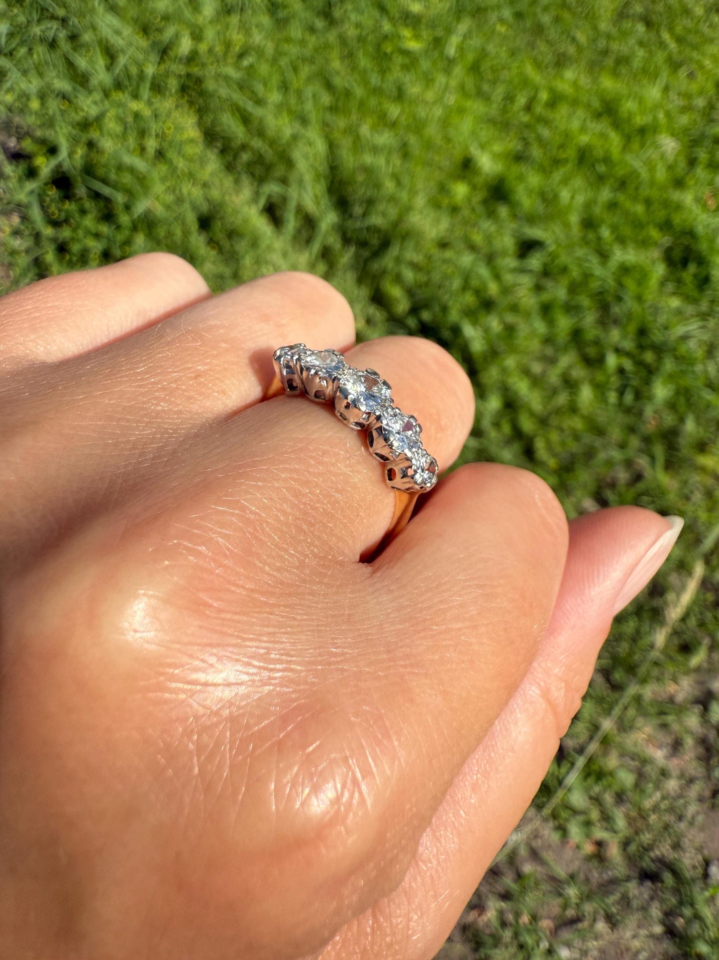 FIVE STONE Antique 1.3 Carat Transitional & Old Mine Cut DIAMOND Ring Stackable Band 18k Gold Platinum Art Deco Tall Spayed Prong Set 1 1/3