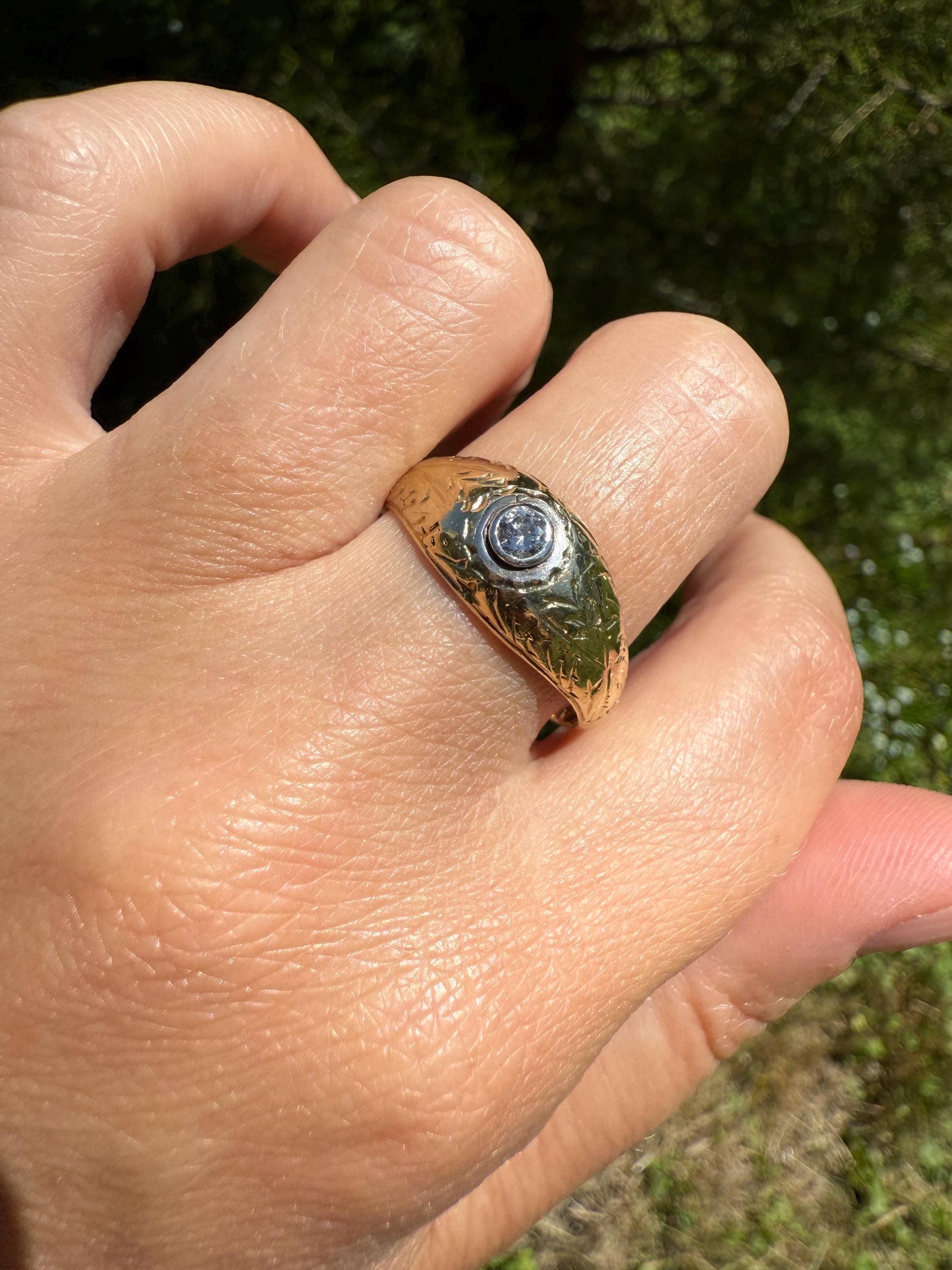 Ornate Vintage Old Brilliant Cut Diamond Engraved Domed Gypsy Ring Sturdy 6.6g 18k Gold Chunky Band Unisex Stacker Man or Woman Unique Gift