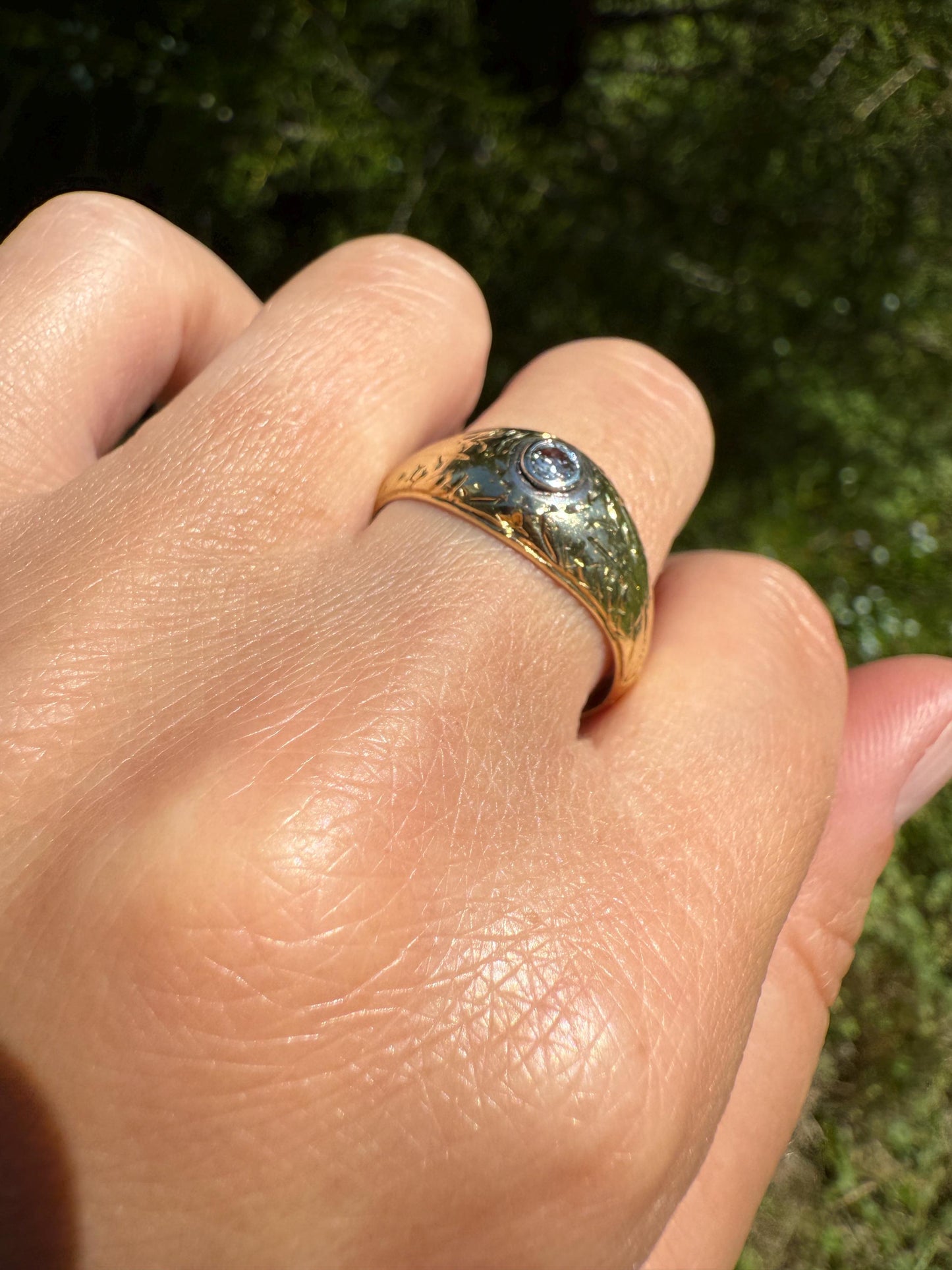 Ornate Vintage Old Brilliant Cut Diamond Engraved Domed Gypsy Ring Sturdy 6.6g 18k Gold Chunky Band Unisex Stacker Man or Woman Unique Gift