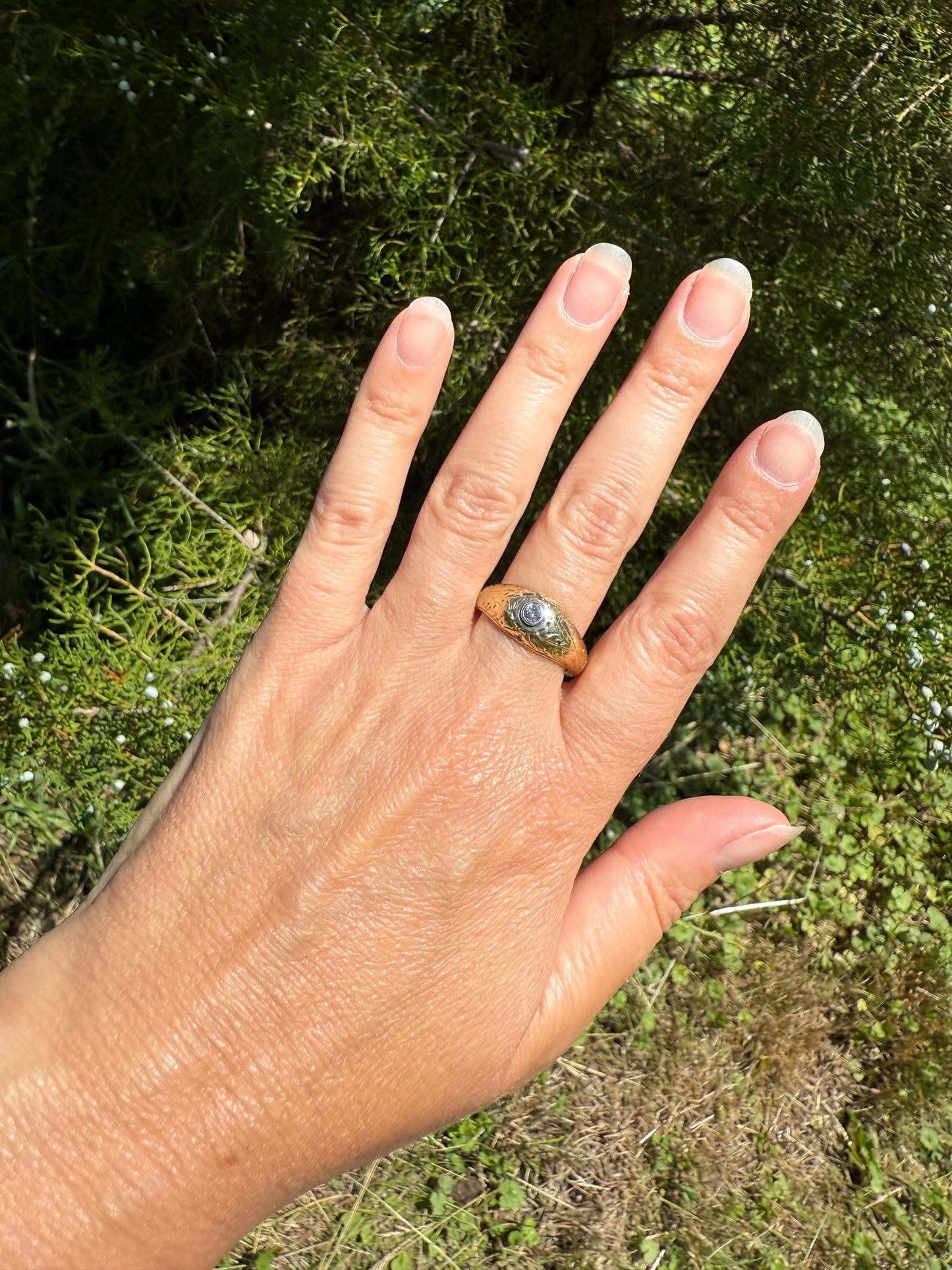 Ornate Vintage Old Brilliant Cut Diamond Engraved Domed Gypsy Ring Sturdy 6.6g 18k Gold Chunky Band Unisex Stacker Man or Woman Unique Gift