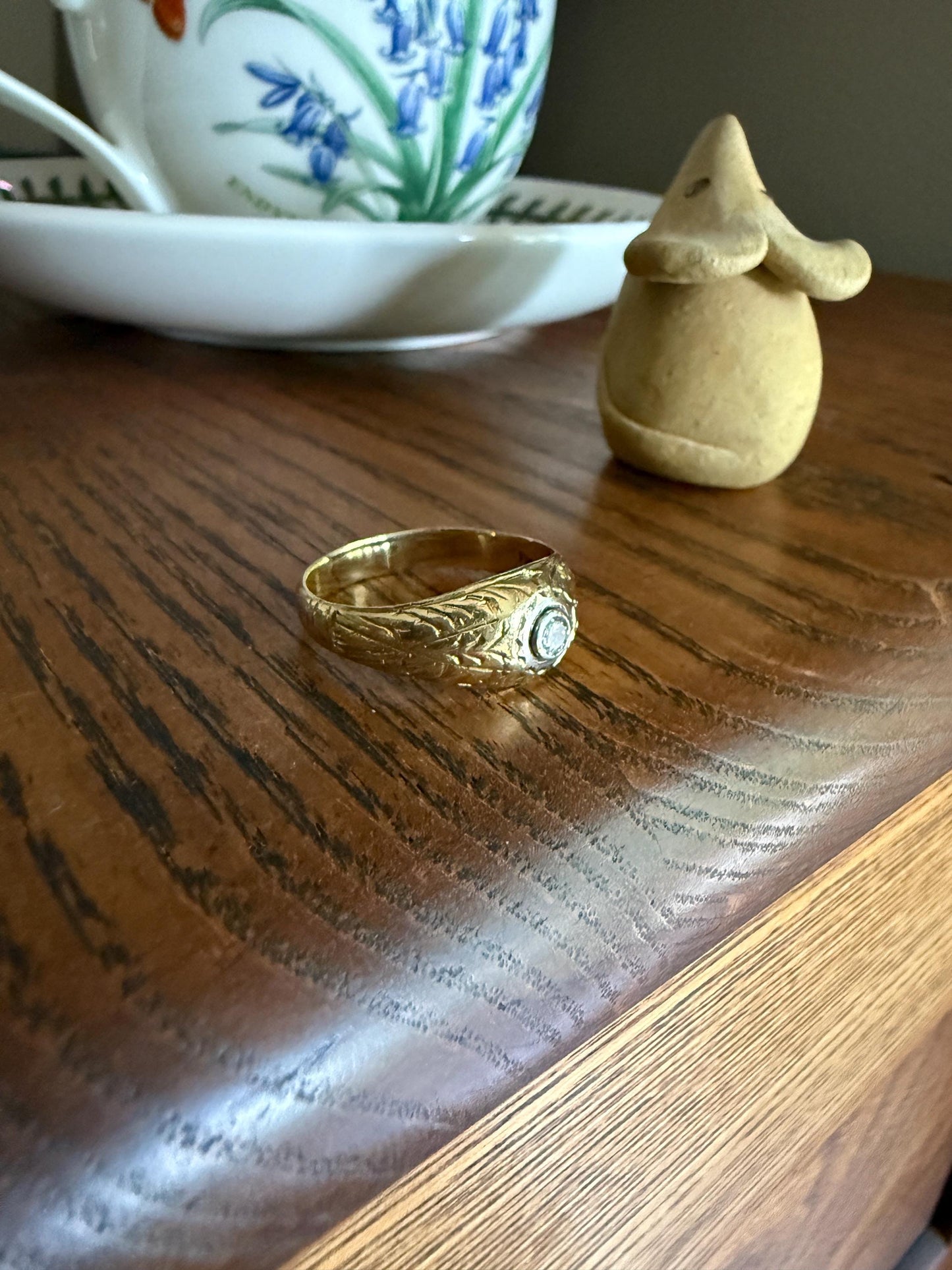 Ornate Vintage Old Brilliant Cut Diamond Engraved Domed Gypsy Ring Sturdy 6.6g 18k Gold Chunky Band Unisex Stacker Man or Woman Unique Gift
