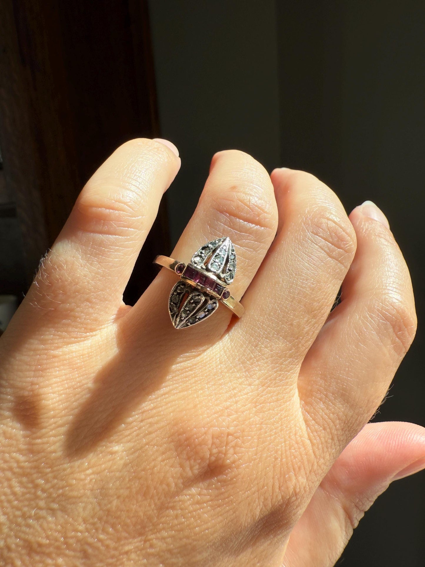 The ANTIQUE Armadillo Firefly Cuttlefish Acorn Ring ; ) Ruby Rose Cut DIAMOND Channel Set Linear Peaked Ring 12k Gold Silver Topped Italian