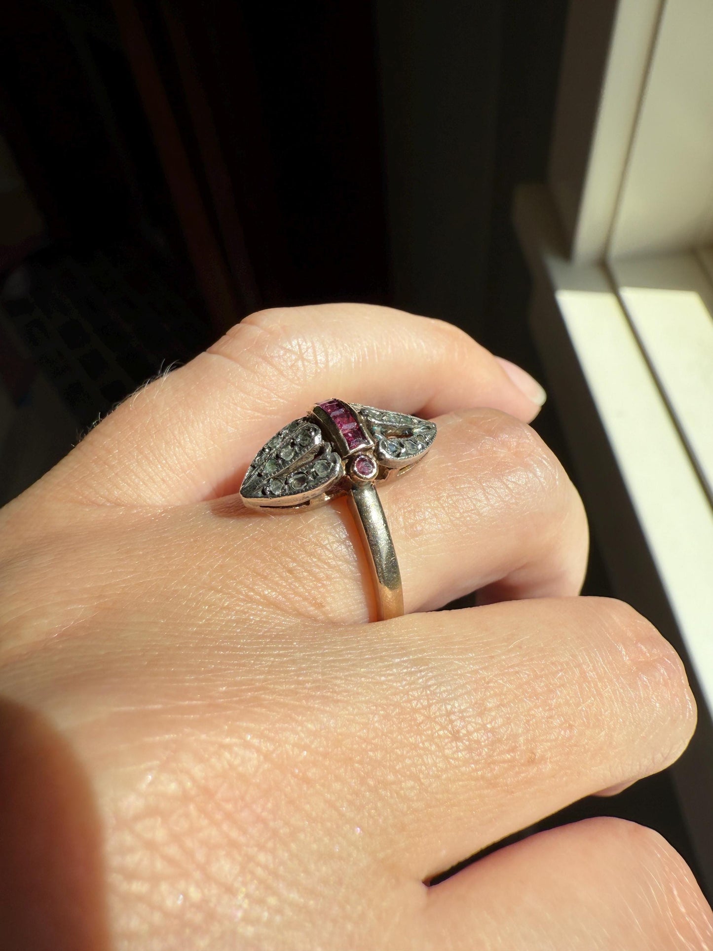 The ANTIQUE Armadillo Firefly Cuttlefish Acorn Ring ; ) Ruby Rose Cut DIAMOND Channel Set Linear Peaked Ring 12k Gold Silver Topped Italian