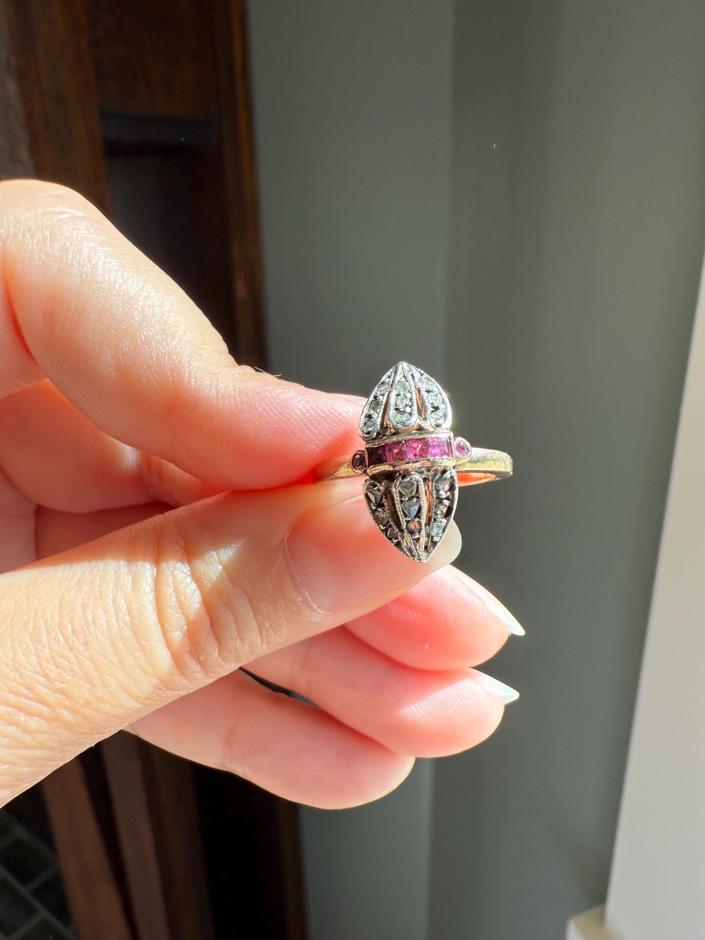 The ANTIQUE Armadillo Firefly Cuttlefish Acorn Ring ; ) Ruby Rose Cut DIAMOND Channel Set Linear Peaked Ring 12k Gold Silver Topped Italian