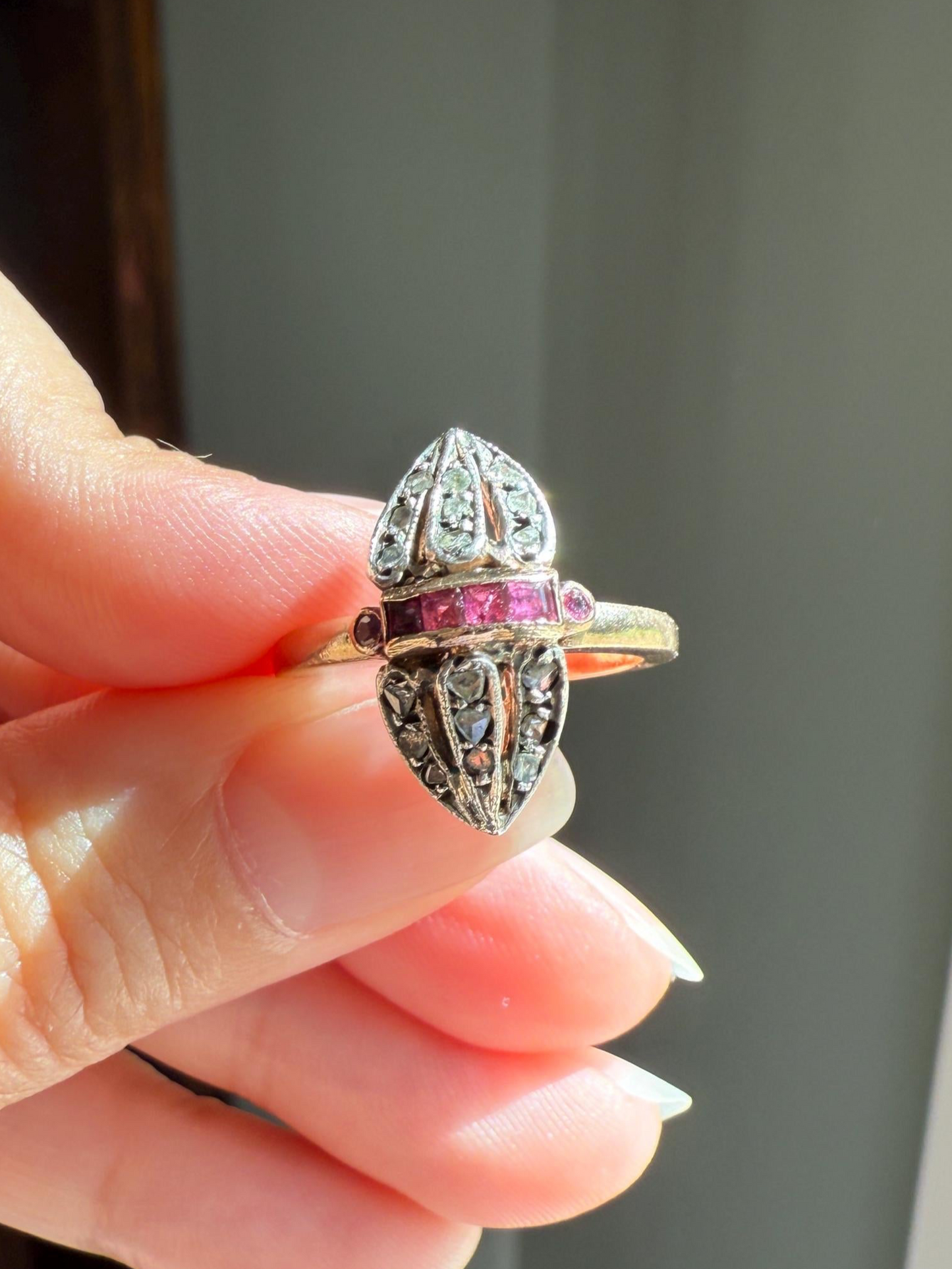 The ANTIQUE Armadillo Firefly Cuttlefish Acorn Ring ; ) Ruby Rose Cut DIAMOND Channel Set Linear Peaked Ring 12k Gold Silver Topped Italian