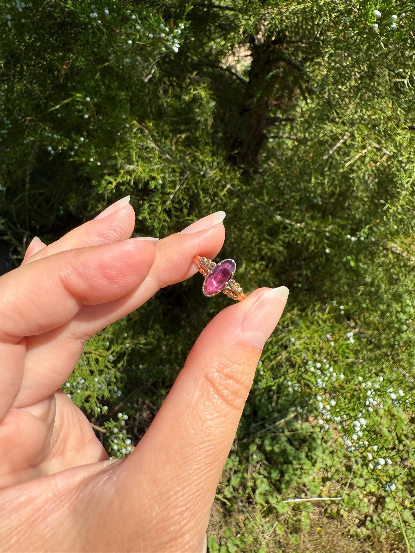 ANTIQUE French Perpignan GARNET Ring VICTORIAN 18k Gold Unique Marquise Rose Cut Bezel Set Rose Cut Closed Back Glowing Purple Pink Ornate