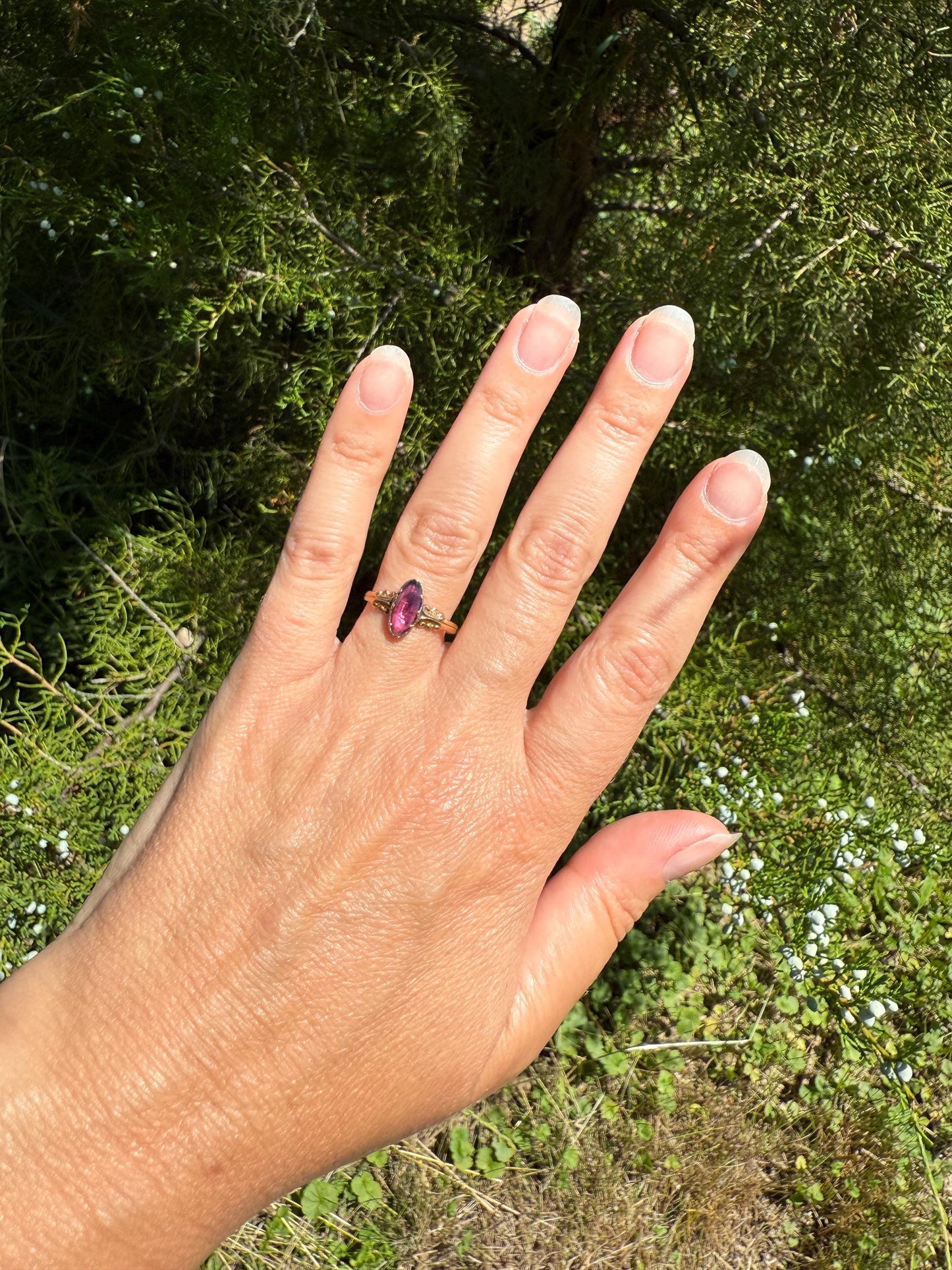ANTIQUE French Perpignan GARNET Ring VICTORIAN 18k Gold Unique Marquise Rose Cut Bezel Set Rose Cut Closed Back Glowing Purple Pink Ornate