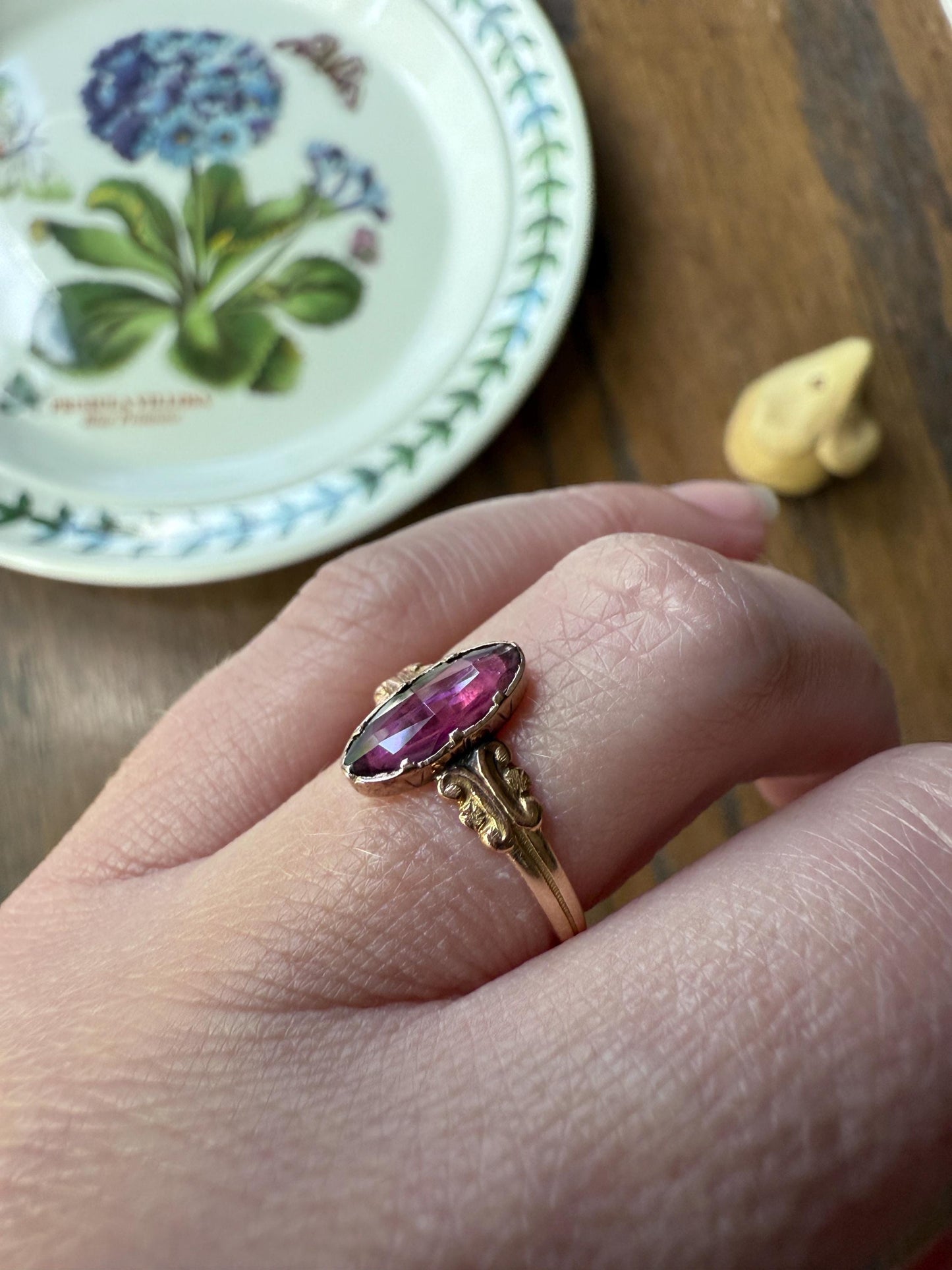 ANTIQUE French Perpignan GARNET Ring VICTORIAN 18k Gold Unique Marquise Rose Cut Bezel Set Rose Cut Closed Back Glowing Purple Pink Ornate