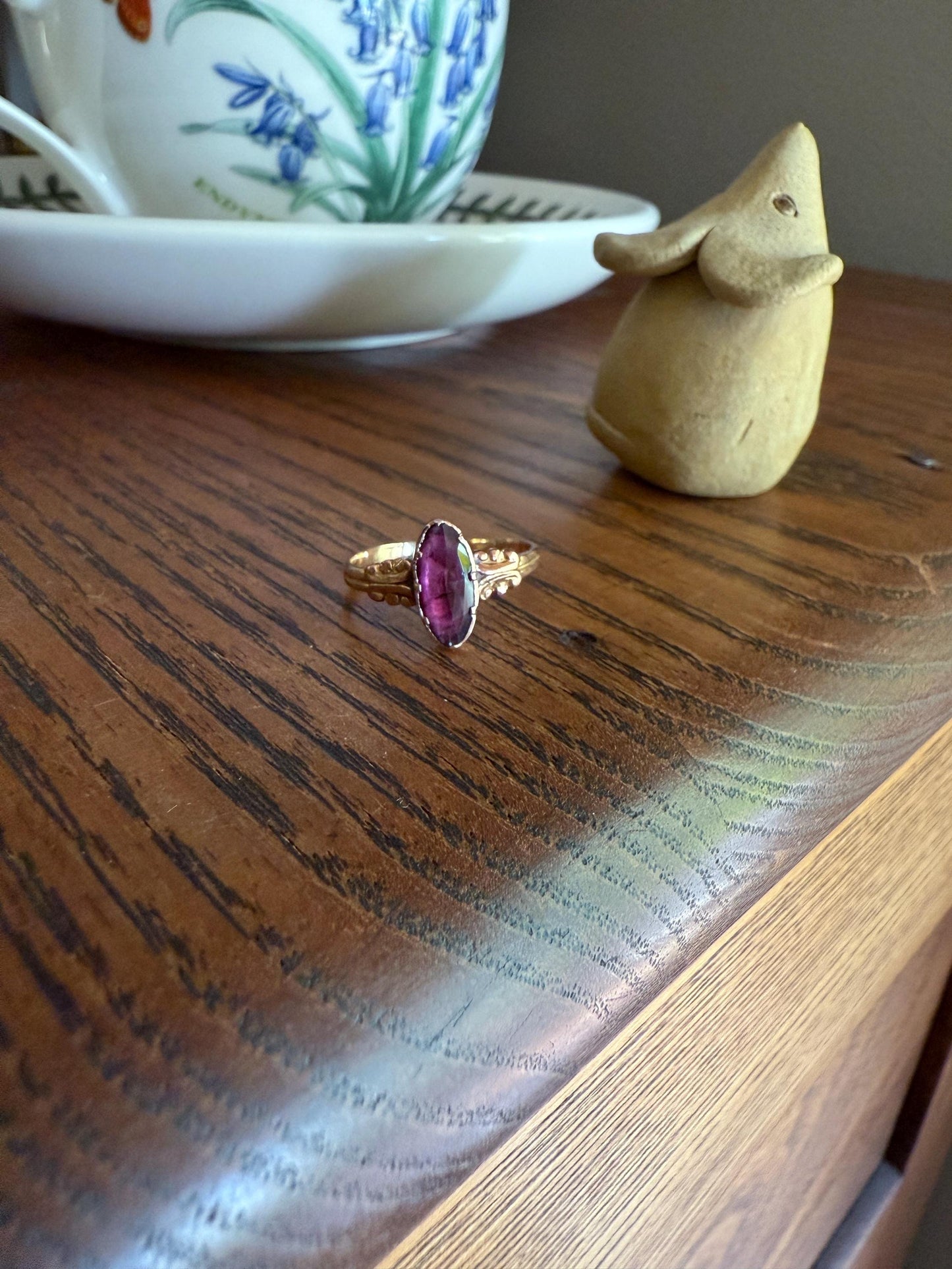 ANTIQUE French Perpignan GARNET Ring VICTORIAN 18k Gold Unique Marquise Rose Cut Bezel Set Rose Cut Closed Back Glowing Purple Pink Ornate
