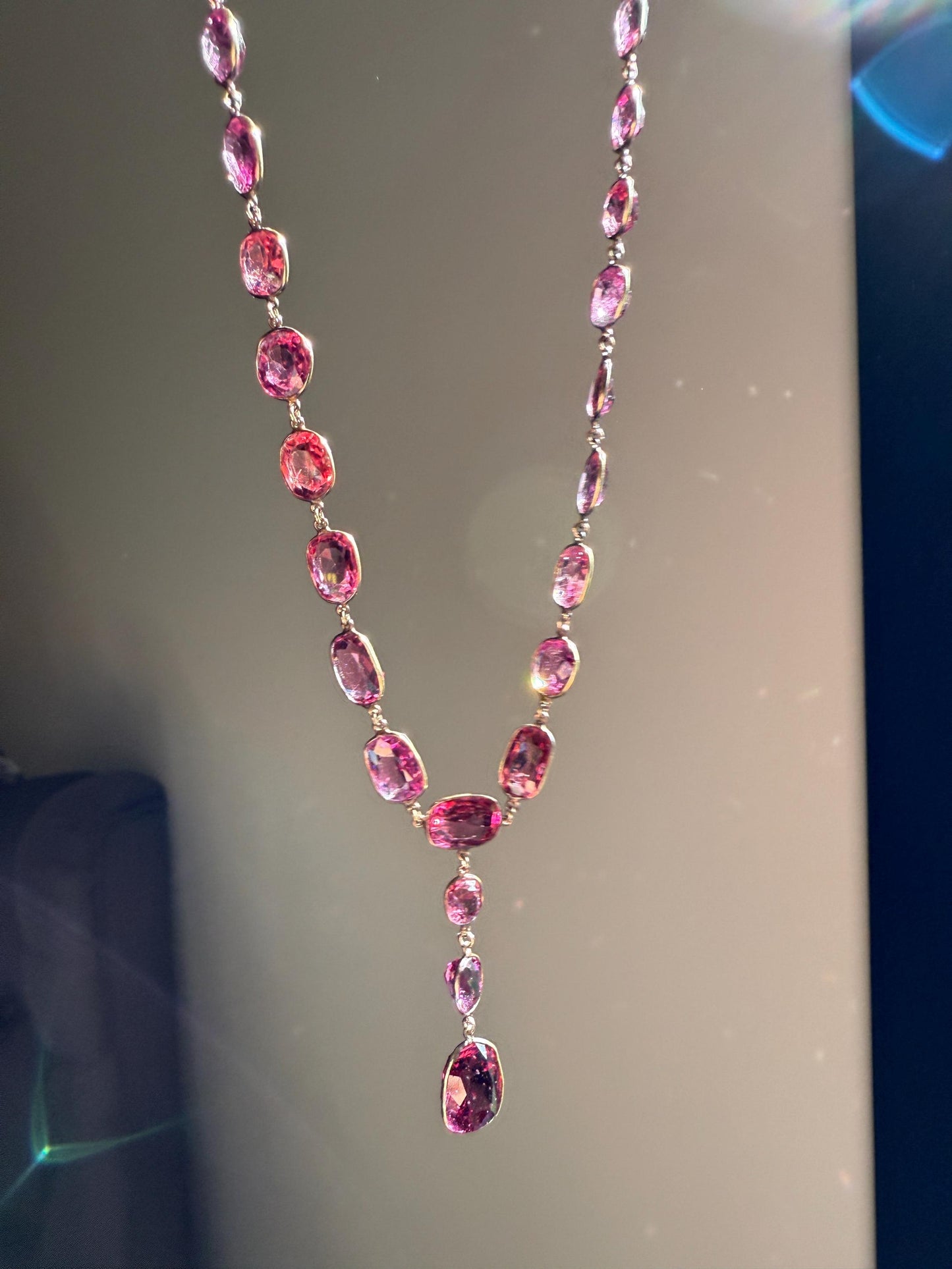 Antique 36 GARNET Riviera Station Chain 10k GOLD Berry Purple Pink Chunky Lariat Y Necklace Romantic Gift Neckmess Neckstack Collar