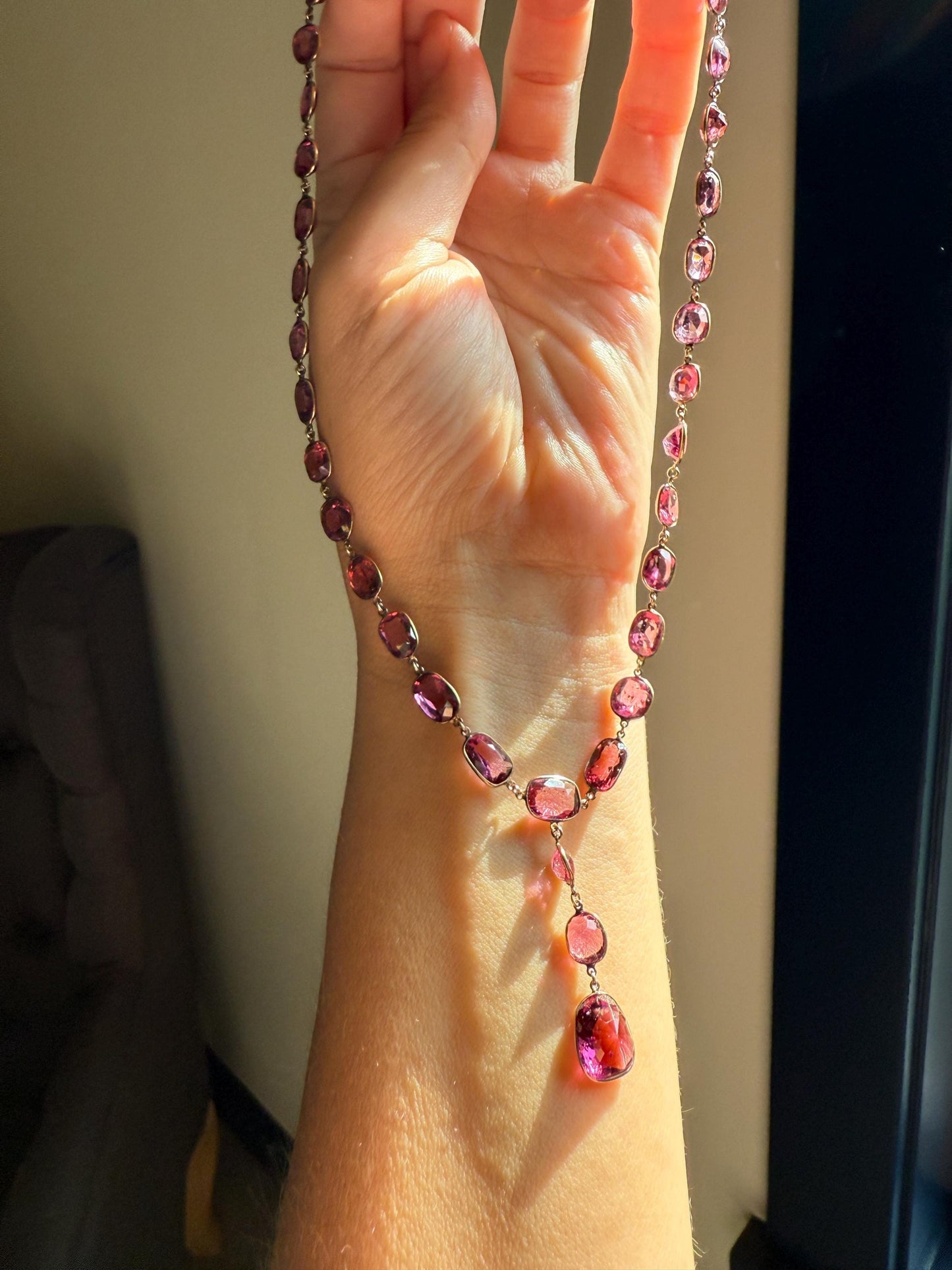 Antique 36 GARNET Riviera Station Chain 10k GOLD Berry Purple Pink Chunky Lariat Y Necklace Romantic Gift Neckmess Neckstack Collar