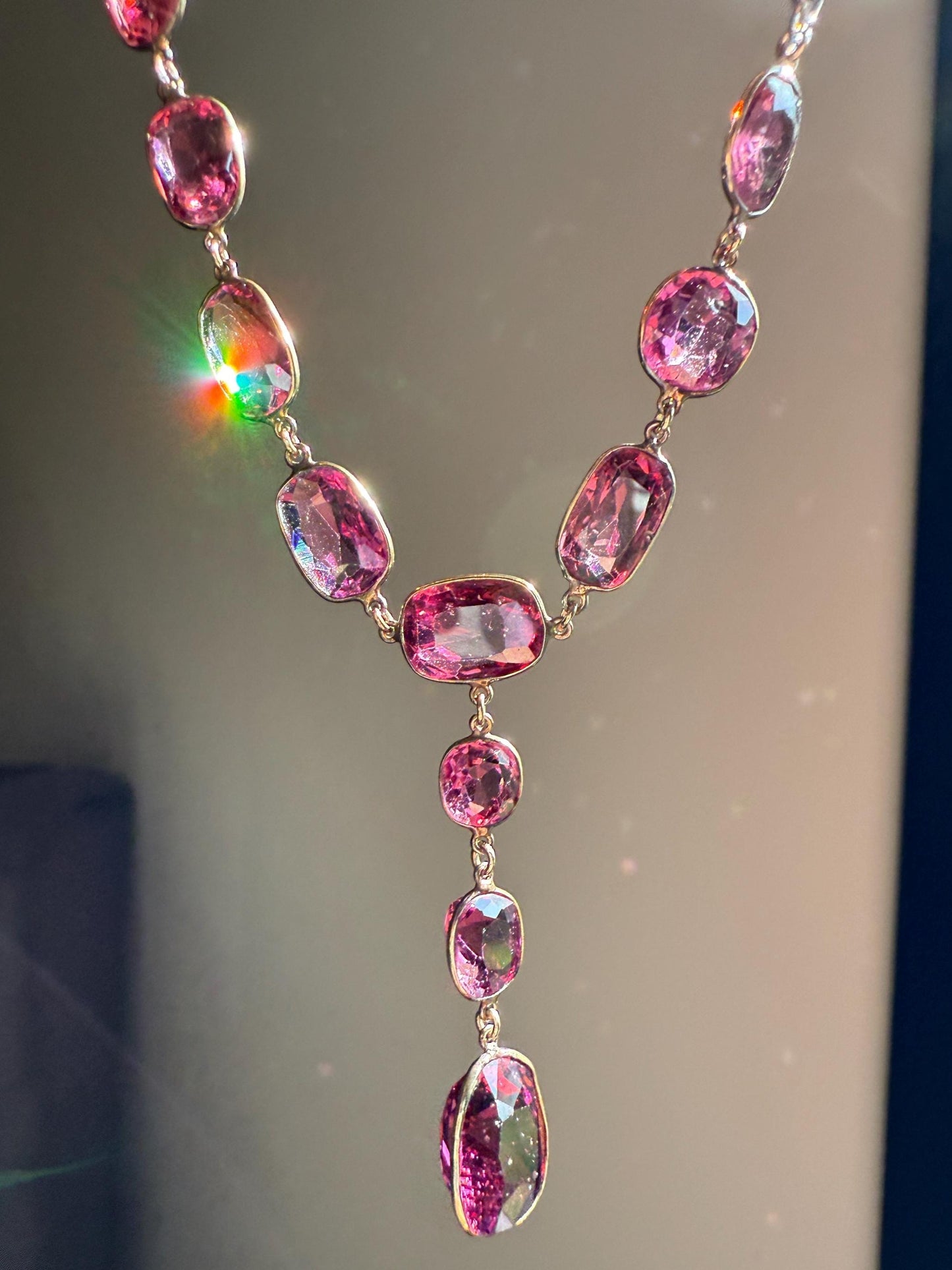 Antique 36 GARNET Riviera Station Chain 10k GOLD Berry Purple Pink Chunky Lariat Y Necklace Romantic Gift Neckmess Neckstack Collar