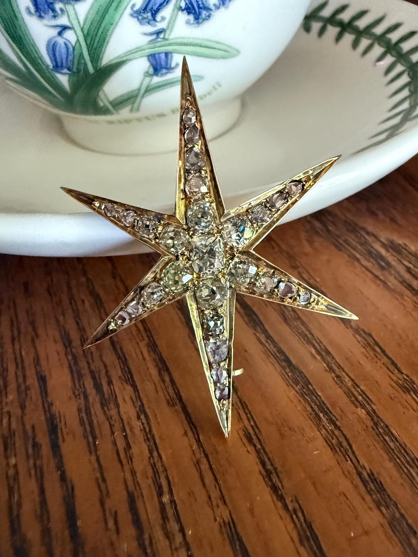 Mega STAR Antique 2.5 Carat 27 Rose Old Mine Cut DIAMOND Cluster Pin Brooch for Pendant Gilt Metal & 10k Gold Pin Brooch Victorian Gift OMC