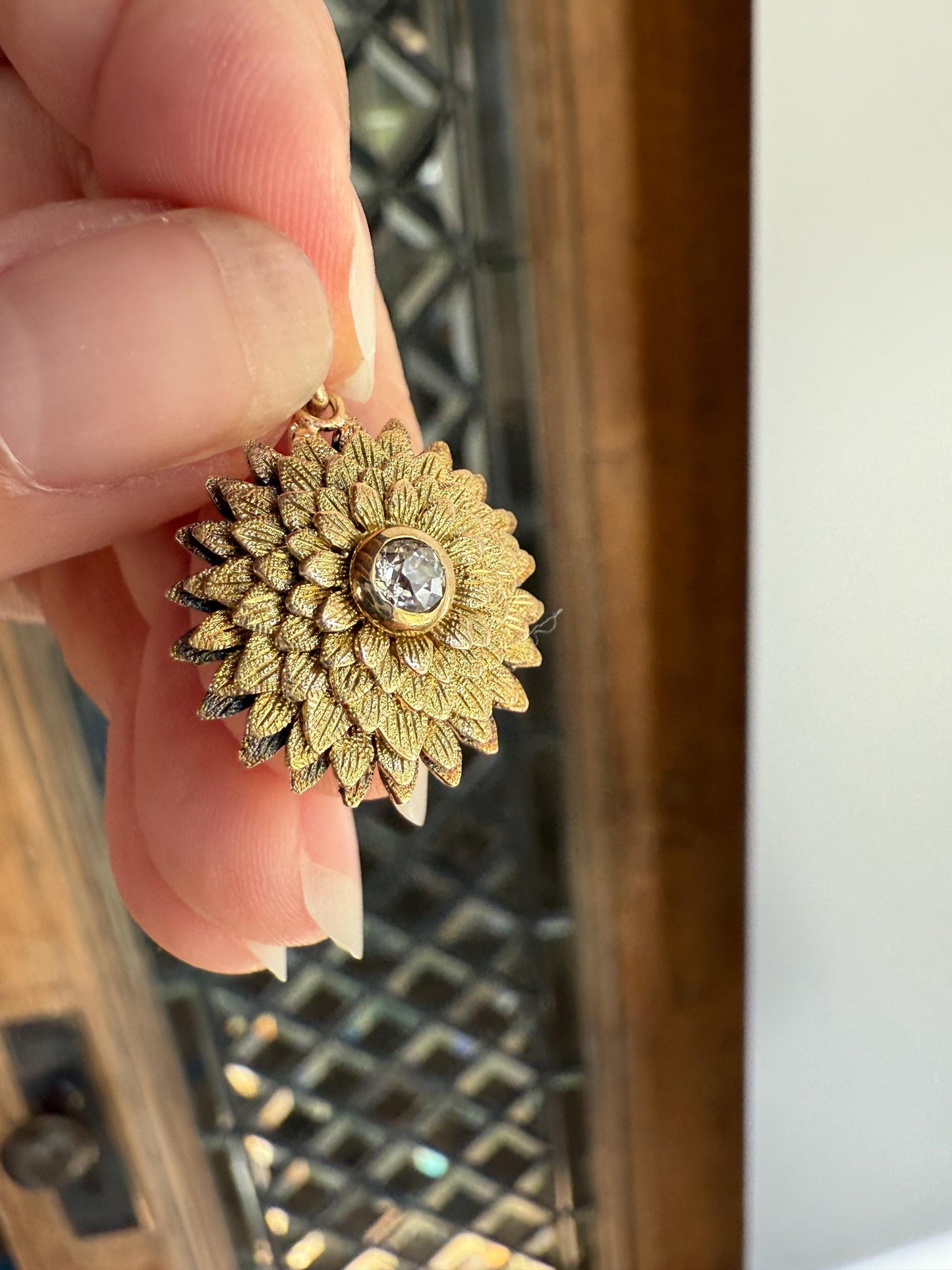 DAHLIA or Chrysanthemum Figural Floral Pendant 6.1g 14k Gold Antique Victorian Old Mine Cut Diamond Domed Engraved Petals 3D Lifelike Flower