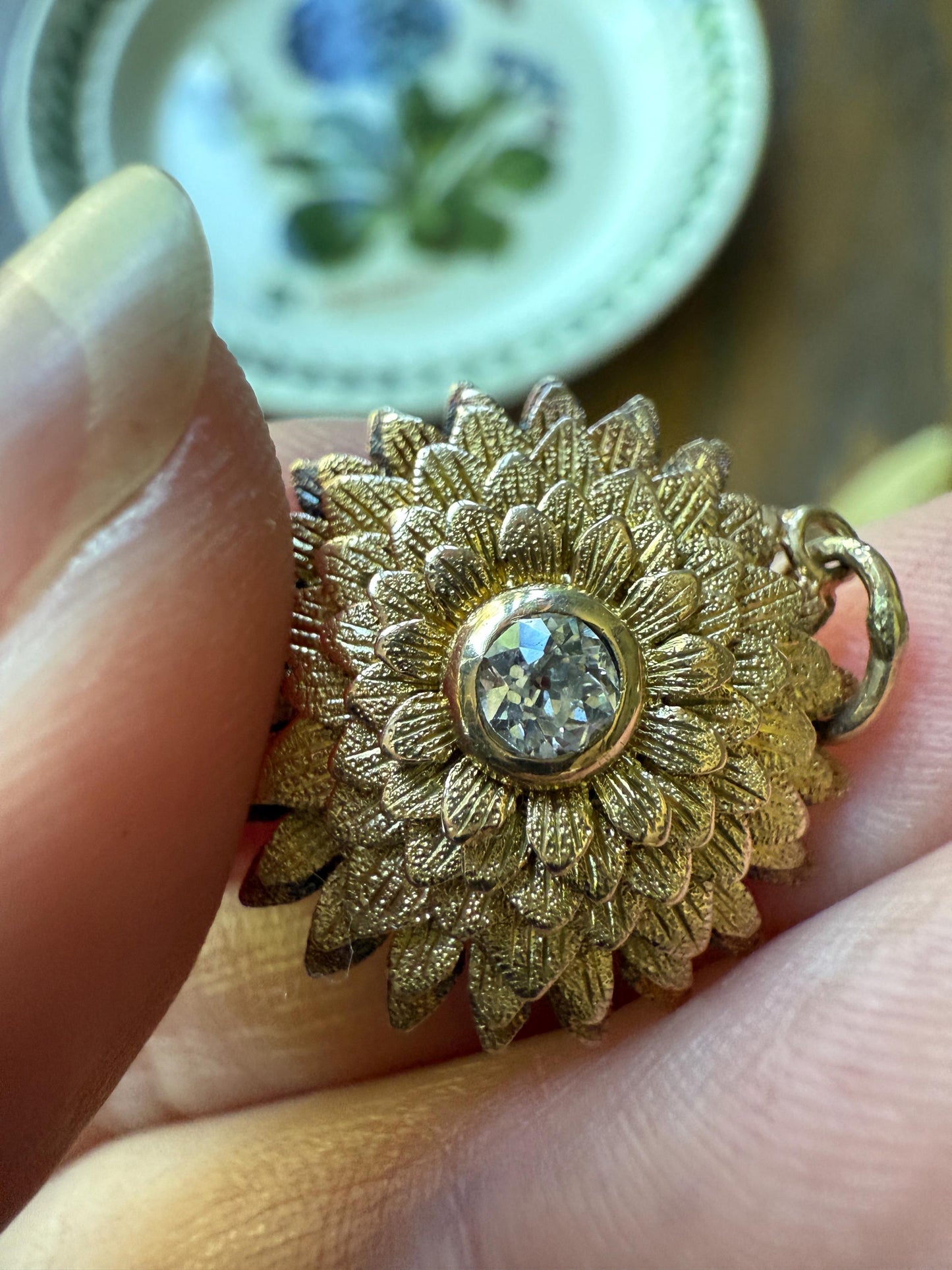 DAHLIA or Chrysanthemum Figural Floral Pendant 6.1g 14k Gold Antique Victorian Old Mine Cut Diamond Domed Engraved Petals 3D Lifelike Flower