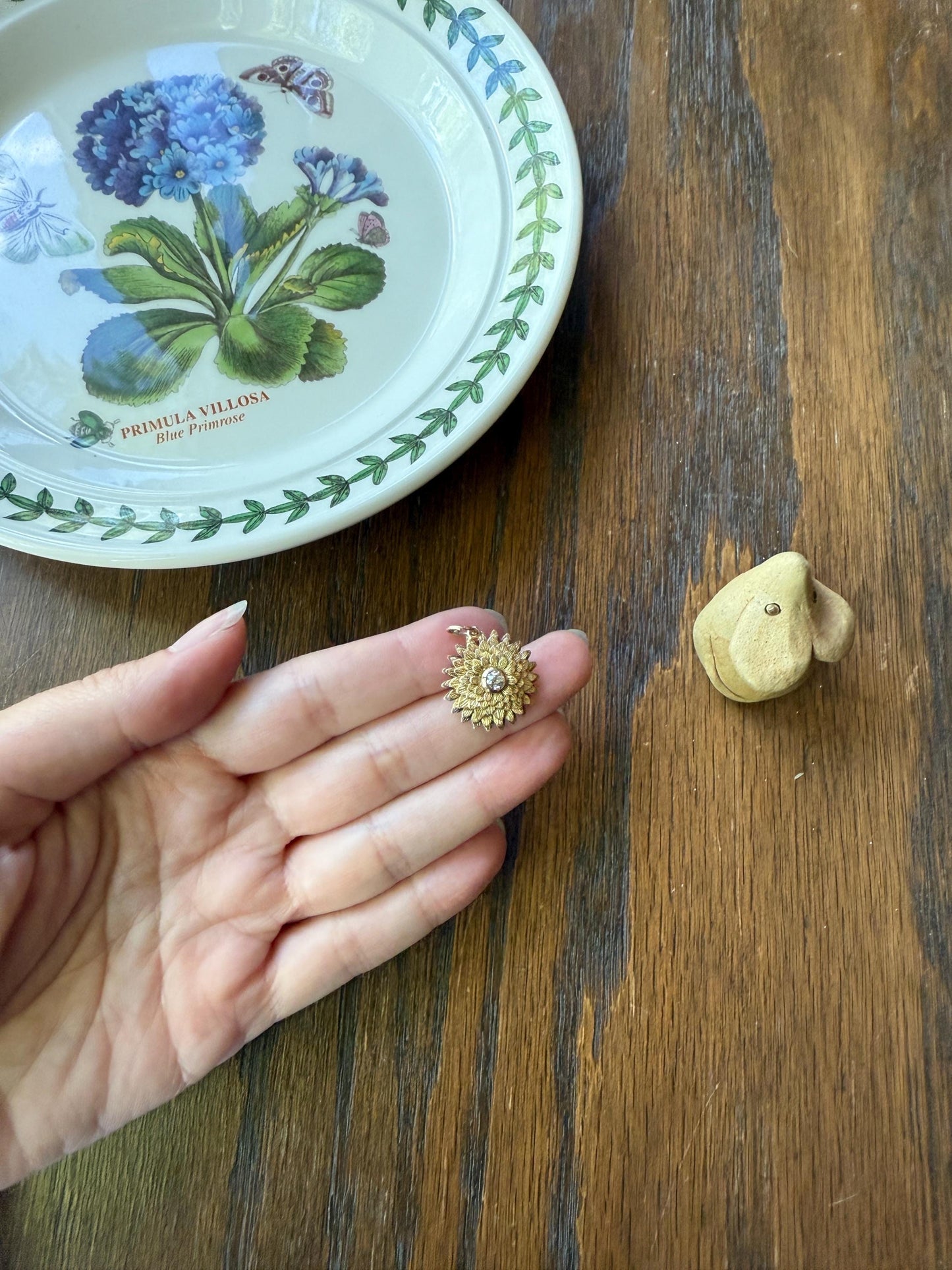 DAHLIA or Chrysanthemum Figural Floral Pendant 6.1g 14k Gold Antique Victorian Old Mine Cut Diamond Domed Engraved Petals 3D Lifelike Flower