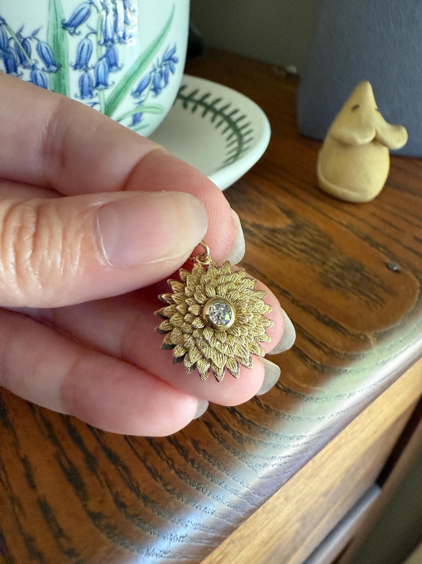 DAHLIA or Chrysanthemum Figural Floral Pendant 6.1g 14k Gold Antique Victorian Old Mine Cut Diamond Domed Engraved Petals 3D Lifelike Flower