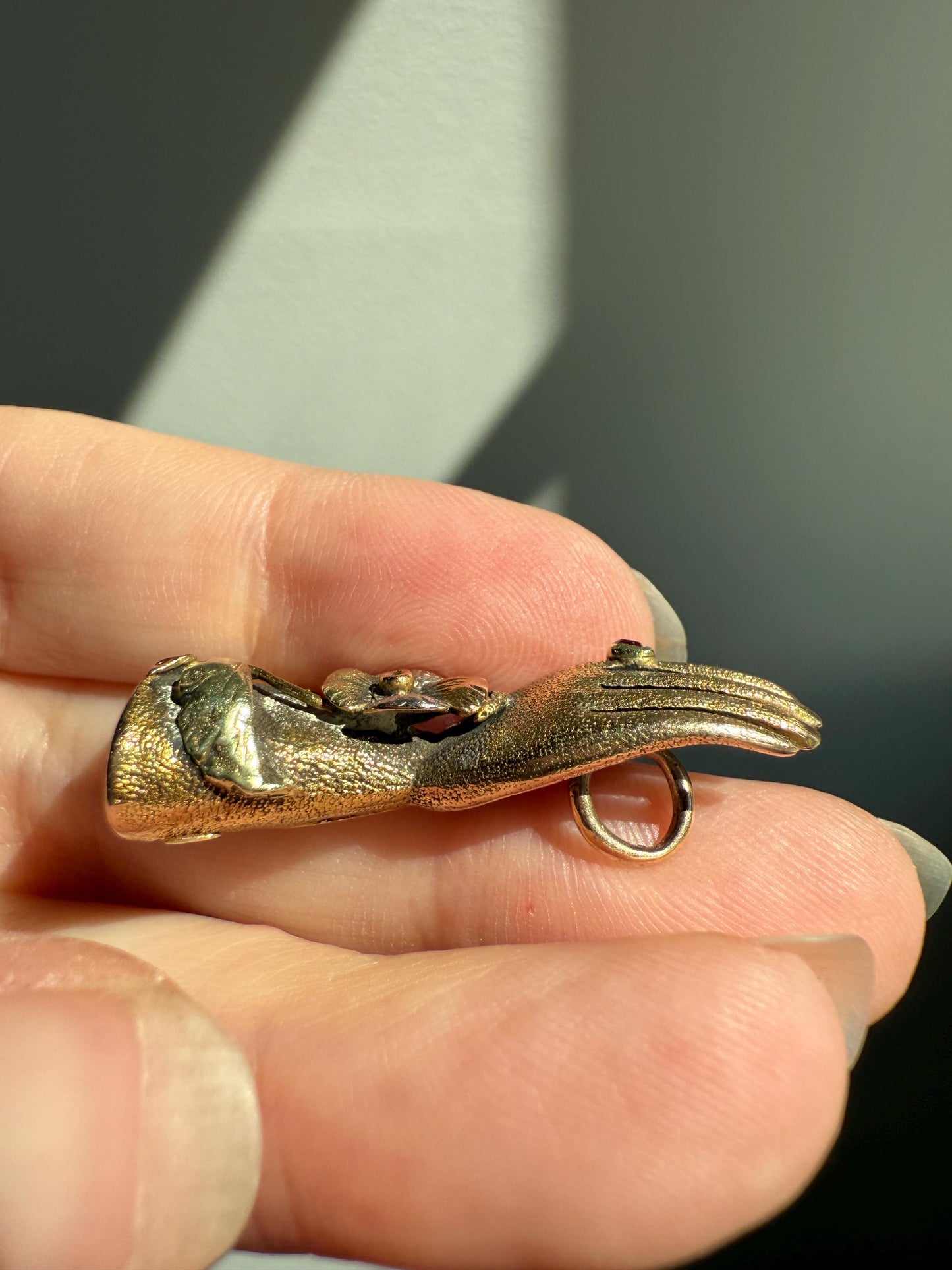 HAND Antique 6.7g 14k Colored Gold Floral Leaf Vine Large Sturdy Figural Pendant with Ruby Ring Lifelike 3D Georgian Victorian Romantic Gift