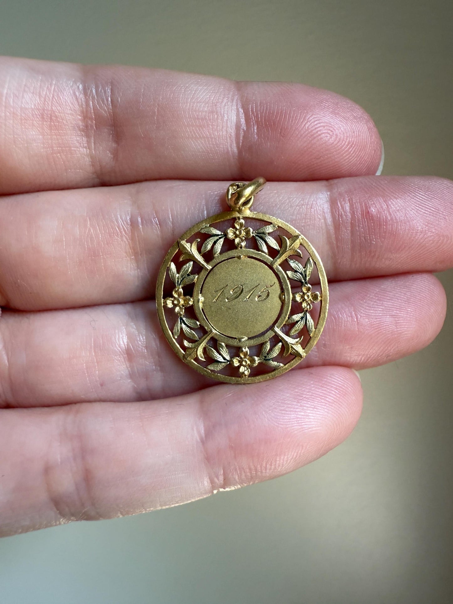 DATED June 1915 Souvenir Green Leaf Forget Me Not French Engraved Love Medal Art Nouveau Antique 18k Gold PENDANT Belle Epoque Floral Gift