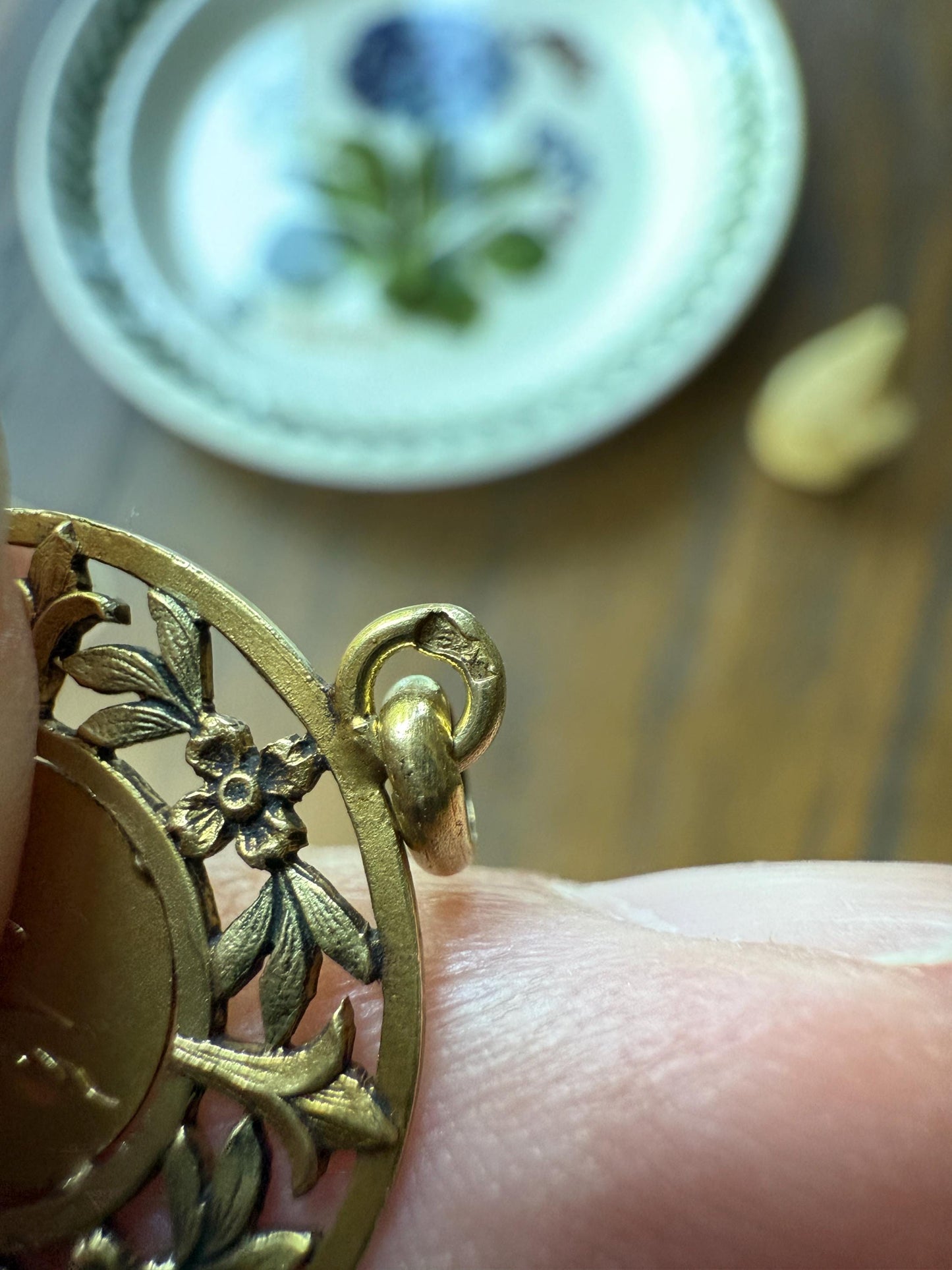 DATED June 1915 Souvenir Green Leaf Forget Me Not French Engraved Love Medal Art Nouveau Antique 18k Gold PENDANT Belle Epoque Floral Gift