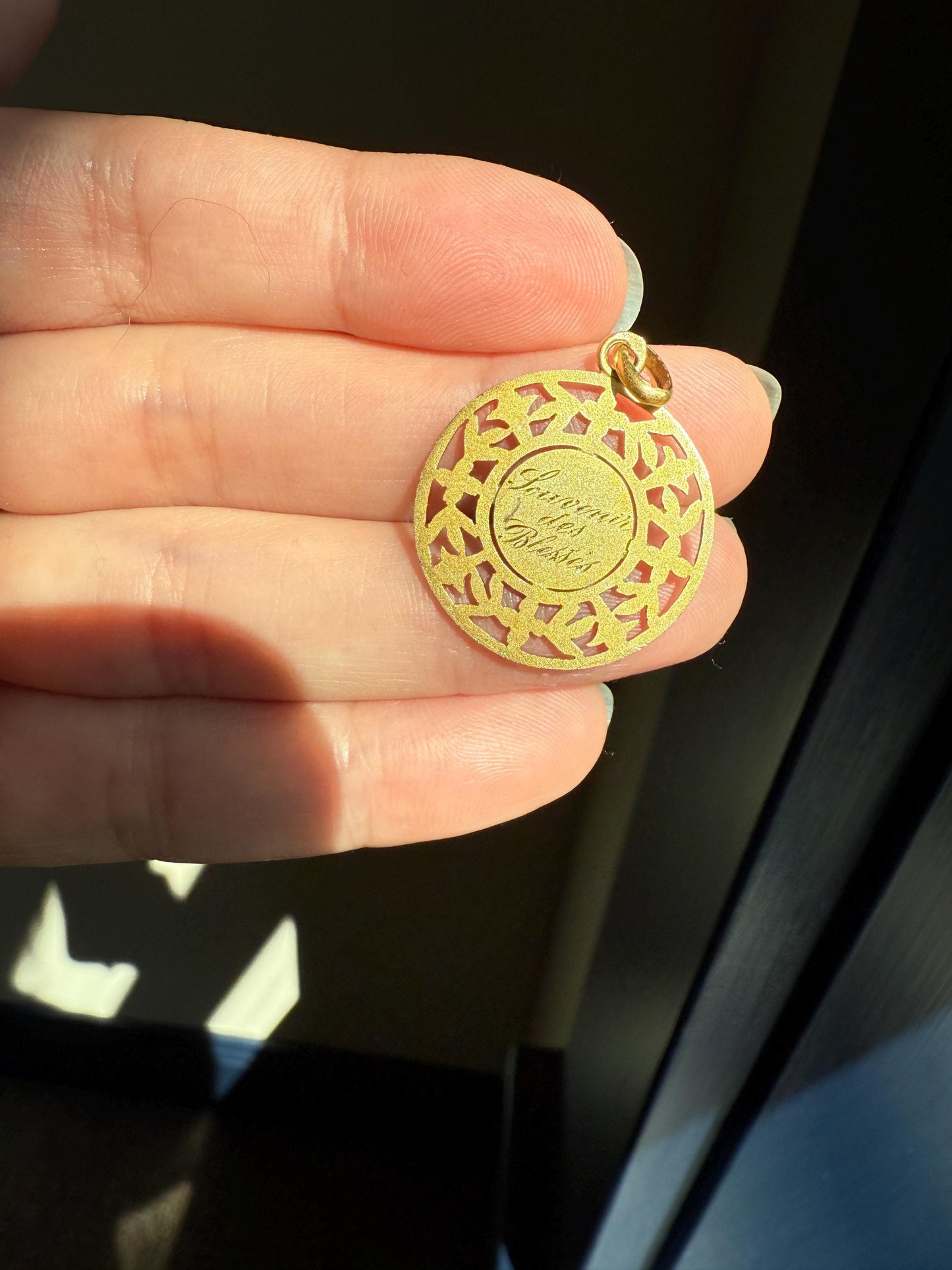DATED June 1915 Souvenir Green Leaf Forget Me Not French Engraved Love Medal Art Nouveau Antique 18k Gold PENDANT Belle Epoque Floral Gift
