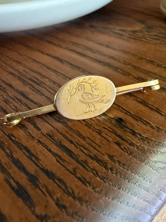 DOVE of Peace Bird Olive Branch Antique Victorian Hand Engraved Safety Pin Extender Connector Charm Holder 9k Gold