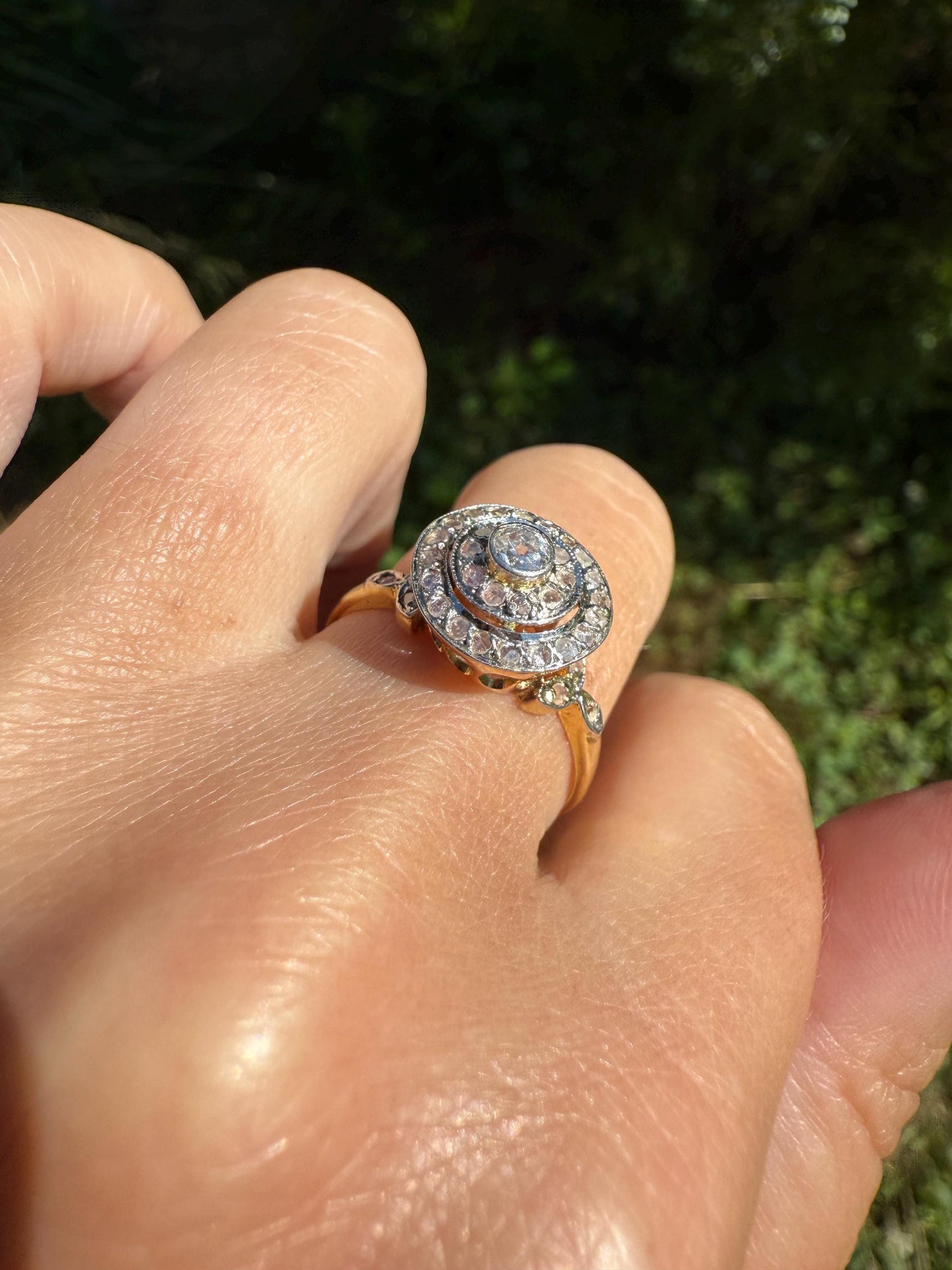 Tall Antique Rose Old Mine Cut DIAMOND Bullseye Target Halo Ring Geometric Stacker French Belle Epoque 18k Gold Platinum Bezel Set