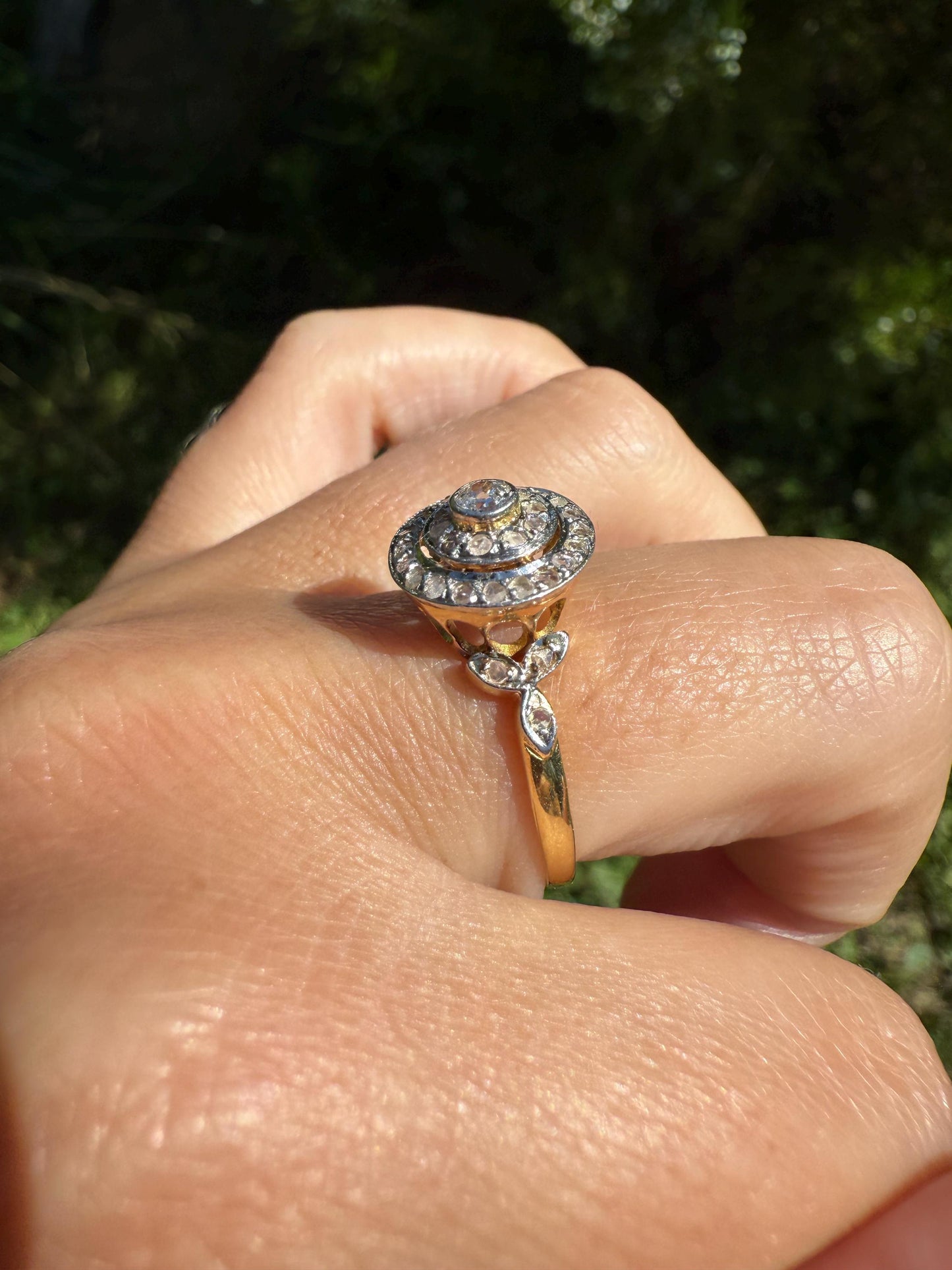 Tall Antique Rose Old Mine Cut DIAMOND Bullseye Target Halo Ring Geometric Stacker French Belle Epoque 18k Gold Platinum Bezel Set