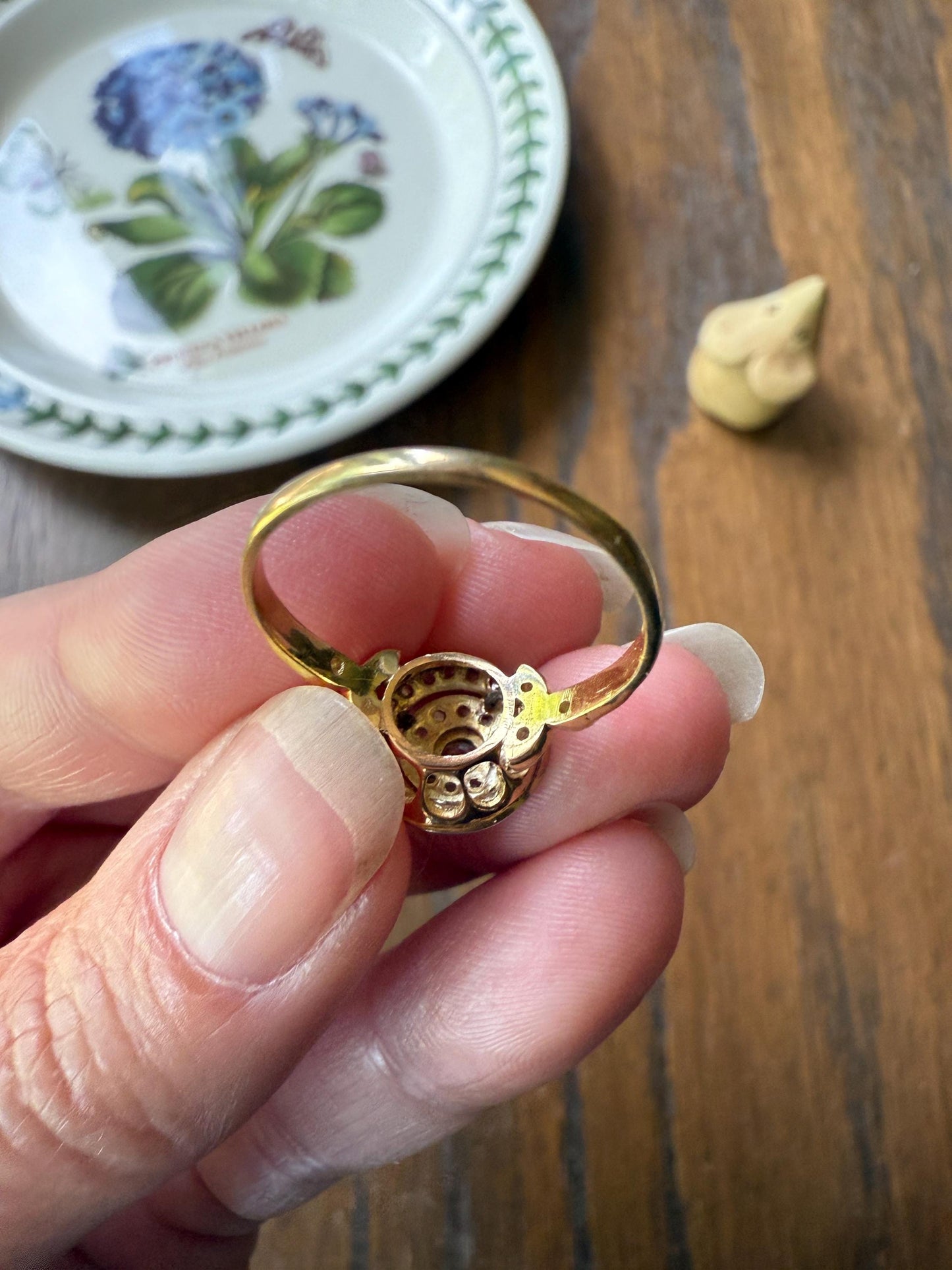 Tall Antique Rose Old Mine Cut DIAMOND Bullseye Target Halo Ring Geometric Stacker French Belle Epoque 18k Gold Platinum Bezel Set