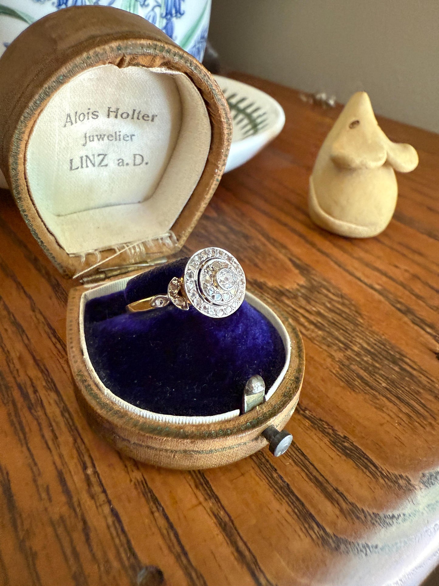 Tall Antique Rose Old Mine Cut DIAMOND Bullseye Target Halo Ring Geometric Stacker French Belle Epoque 18k Gold Platinum Bezel Set