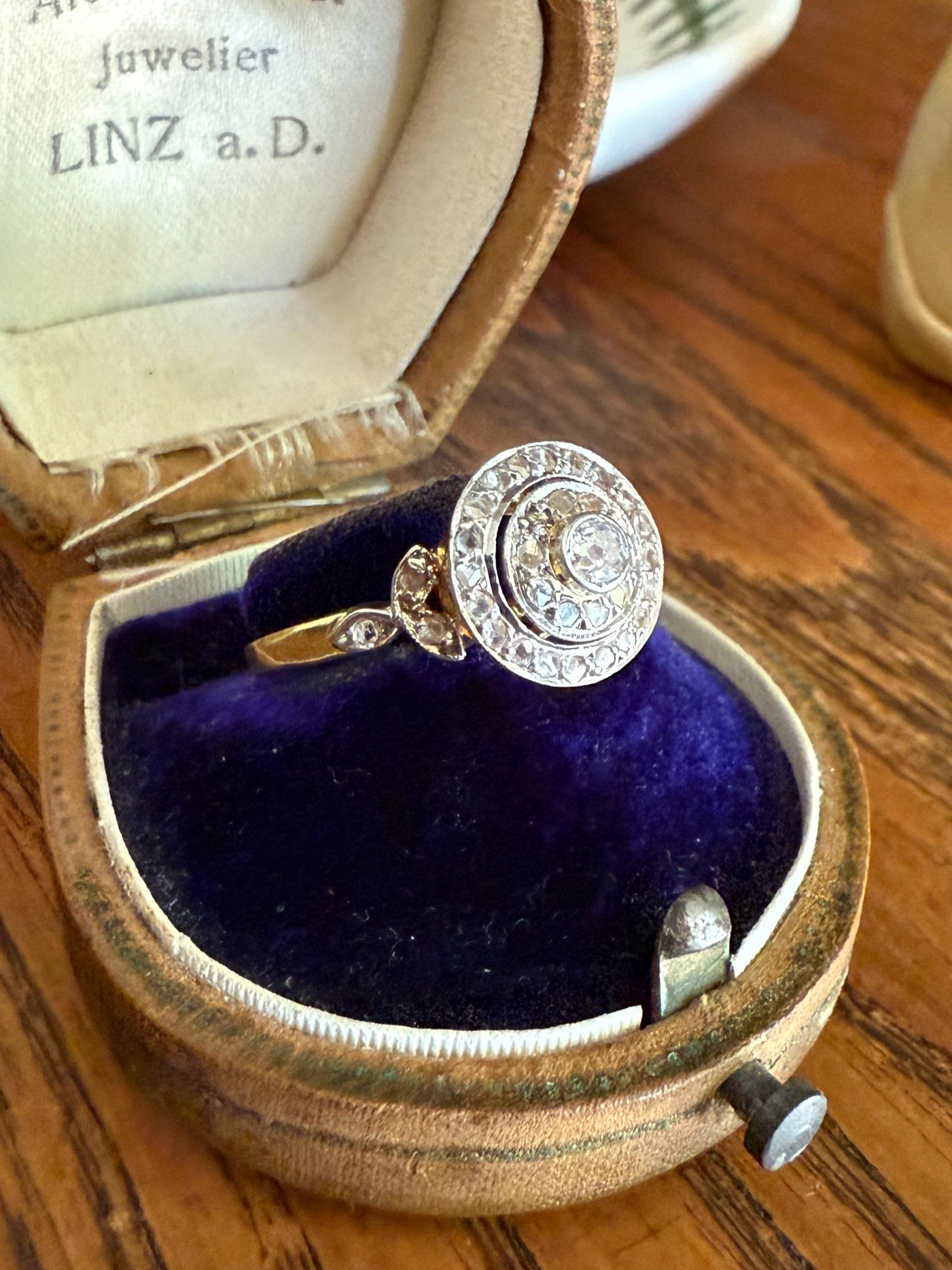 Tall Antique Rose Old Mine Cut DIAMOND Bullseye Target Halo Ring Geometric Stacker French Belle Epoque 18k Gold Platinum Bezel Set