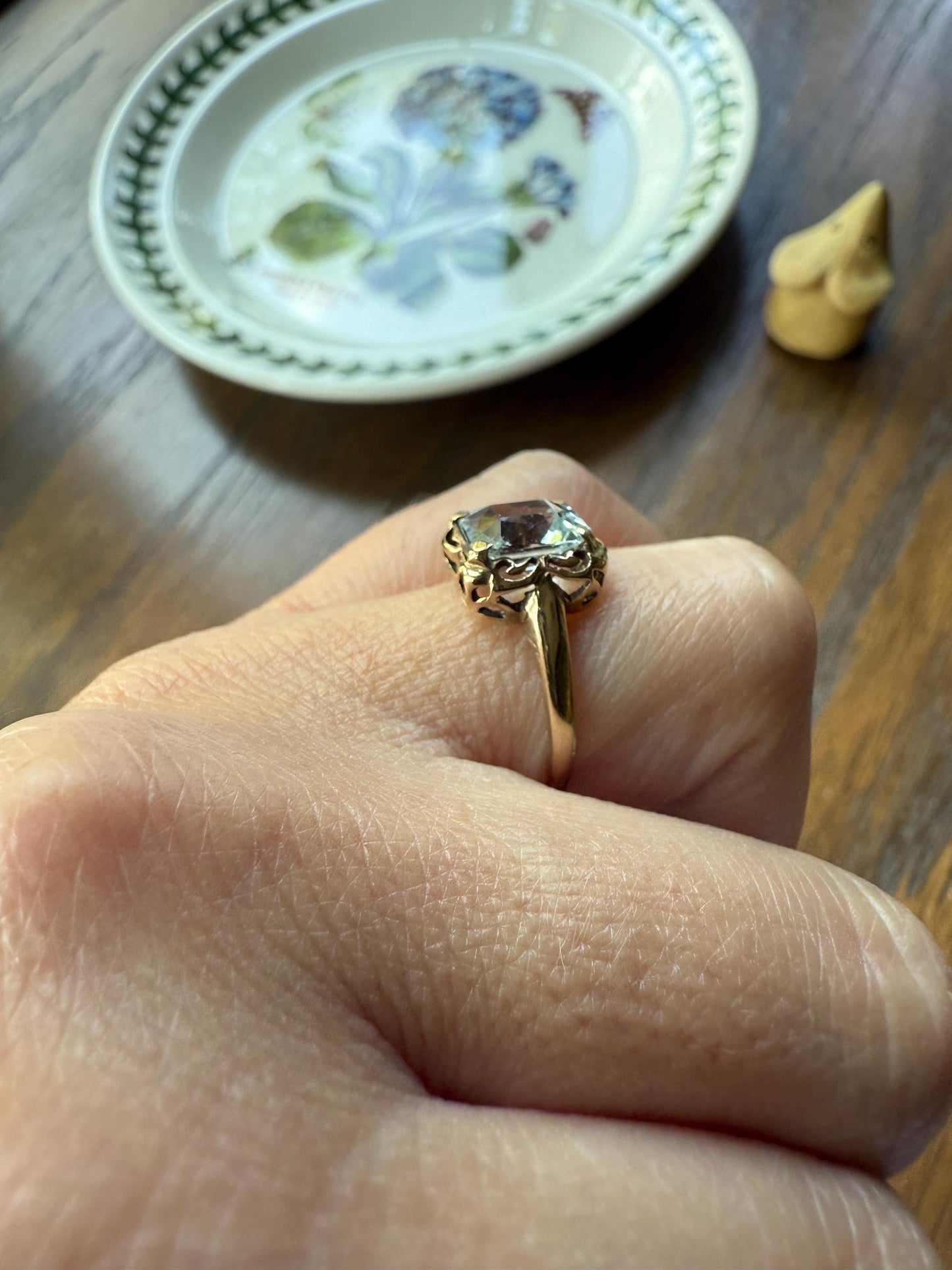 AQUAMARINE Sweet Antique Pale Blue 10k Gold Ring Rectangular Cut Early 1900s Stacker Icy Romantic Gift Daily Wearer Geometric Square