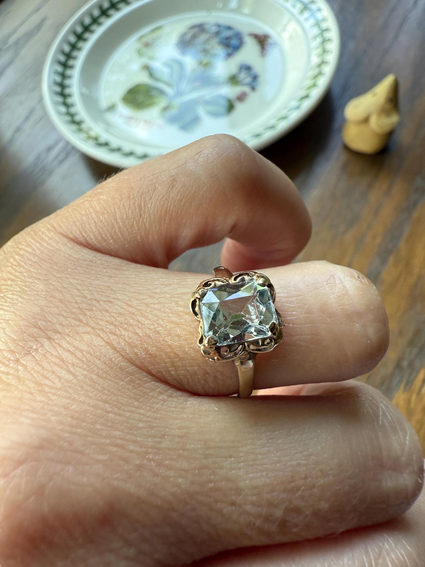 AQUAMARINE Sweet Antique Pale Blue 10k Gold Ring Rectangular Cut Early 1900s Stacker Icy Romantic Gift Daily Wearer Geometric Square