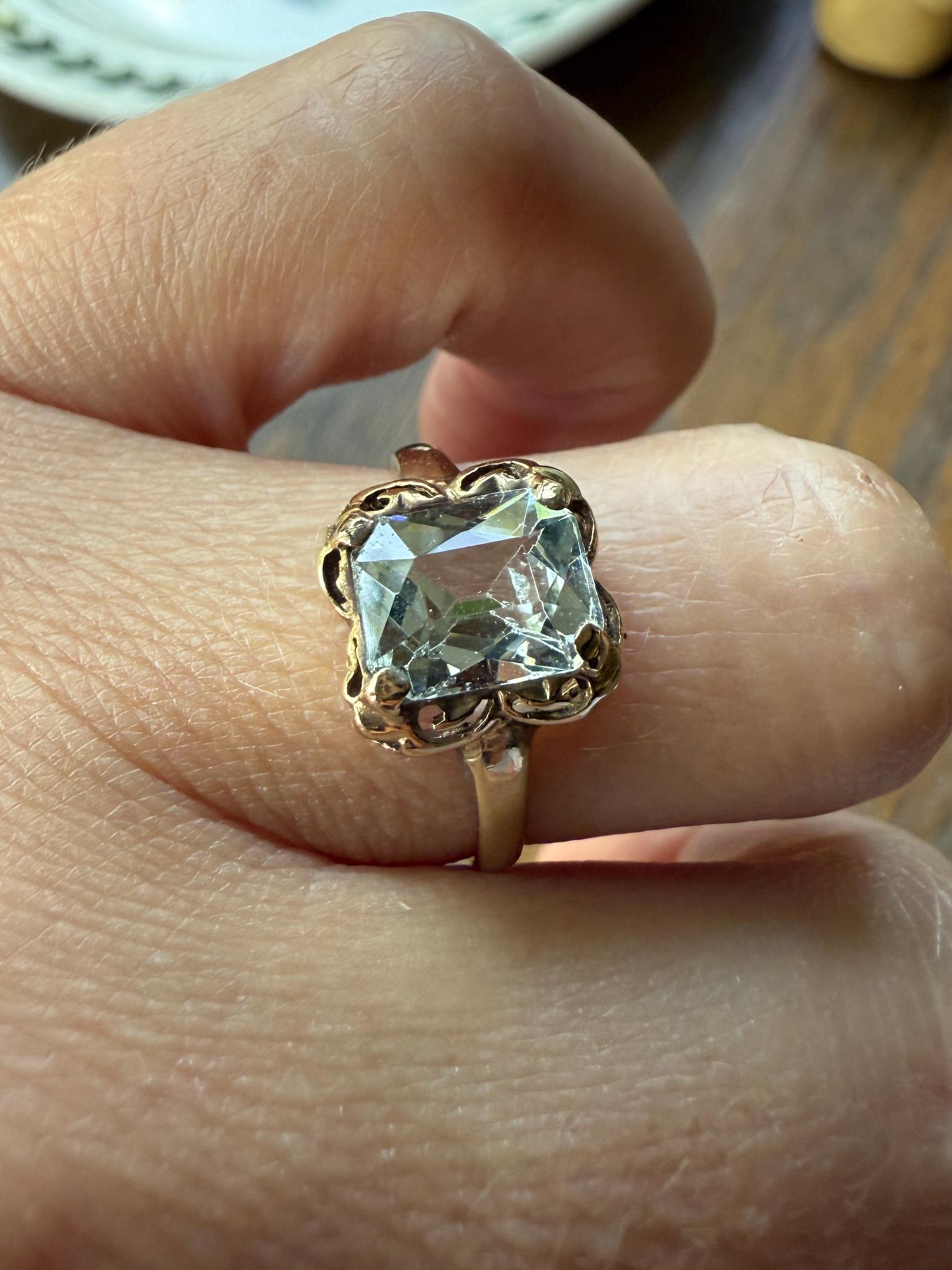 AQUAMARINE Sweet Antique Pale Blue 10k Gold Ring Rectangular Cut Early 1900s Stacker Icy Daily Wearer Geometric Square