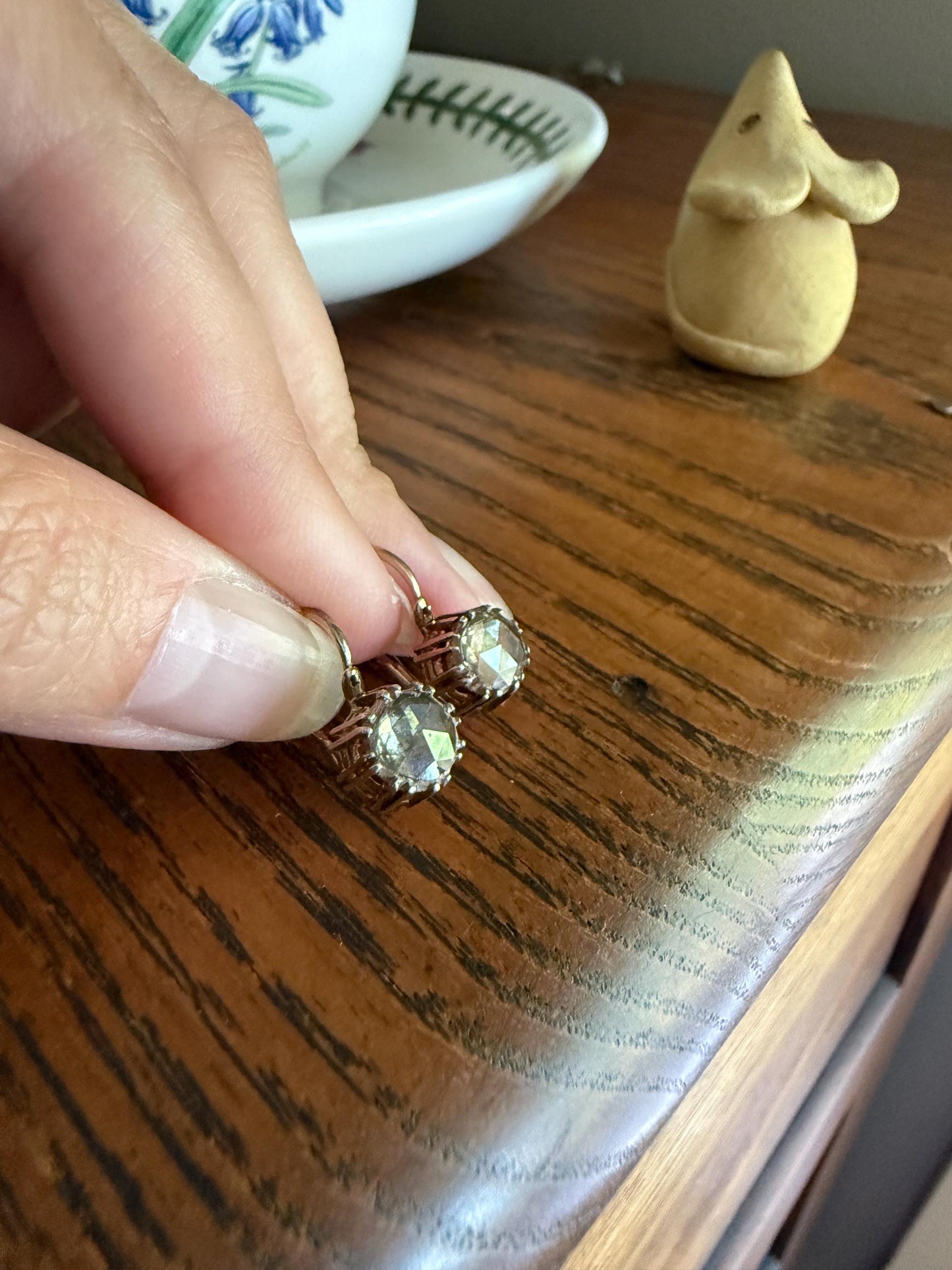 French VICTORIAN Antique 18k Gold Rose Cut DIAMOND Dangle EARRINGS Facing Up 2 Carats Foil Back Dormeuse Something Old Bridal 1800s Gift