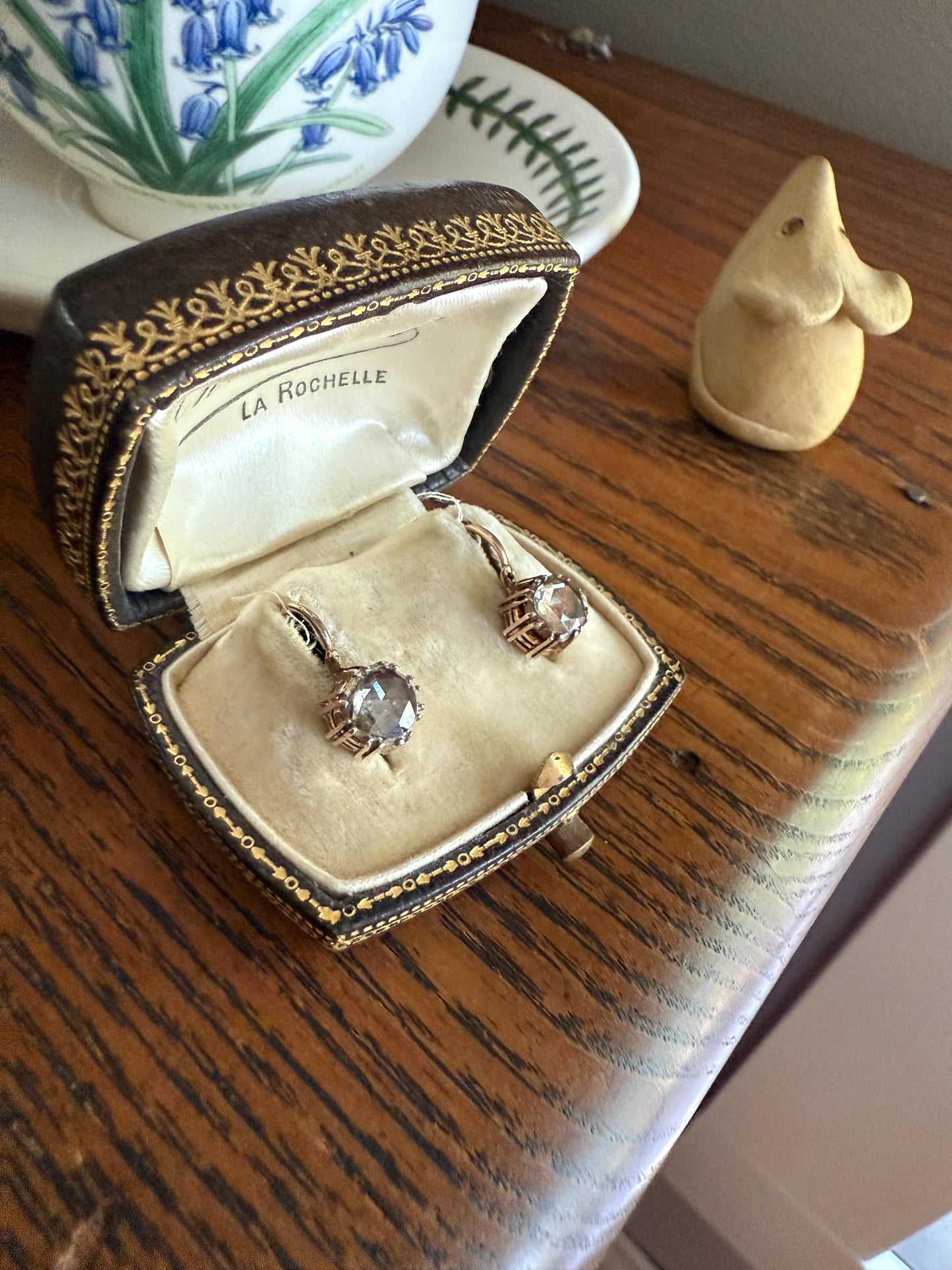 French VICTORIAN Antique 18k Gold Rose Cut DIAMOND Dangle EARRINGS Facing Up 2 Carats Foil Back Dormeuse Something Old Bridal 1800s Gift