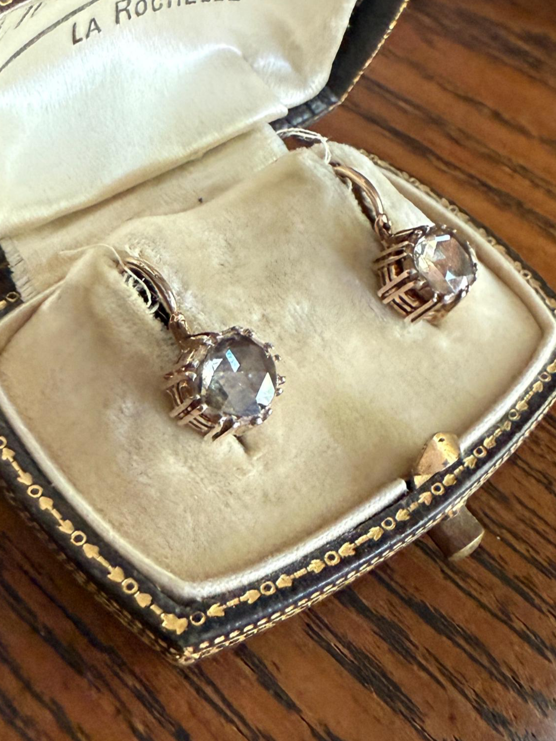 French VICTORIAN Antique 18k Gold Rose Cut DIAMOND Dangle EARRINGS Facing Up 2 Carats Dormeuse