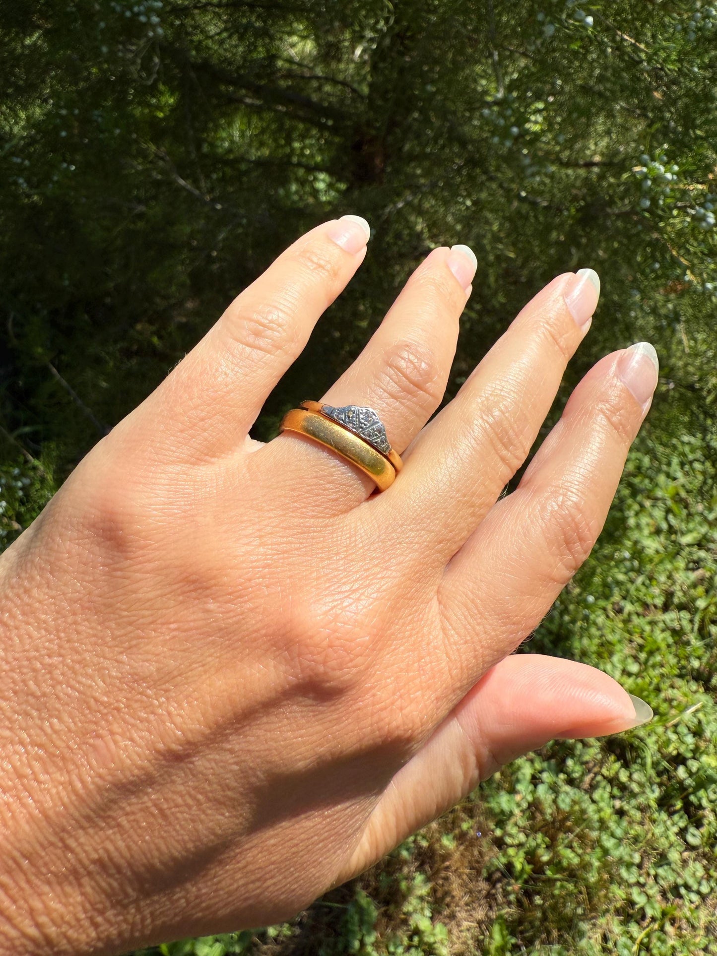 Crowned TIARA Antique Art Deco Skinny Wedding Band 18k Gold Platinum Solid Stacker Ring Geometric Rose Single Cut Diamonds Dainty Engagement